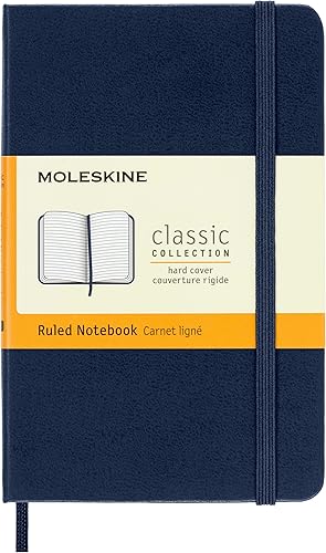 Moleskine - Cuaderno clásico con tapa dura y bolsillo, 3.5 x 5.5 pulgadas, a rayas, azul zafiro, 192 páginas