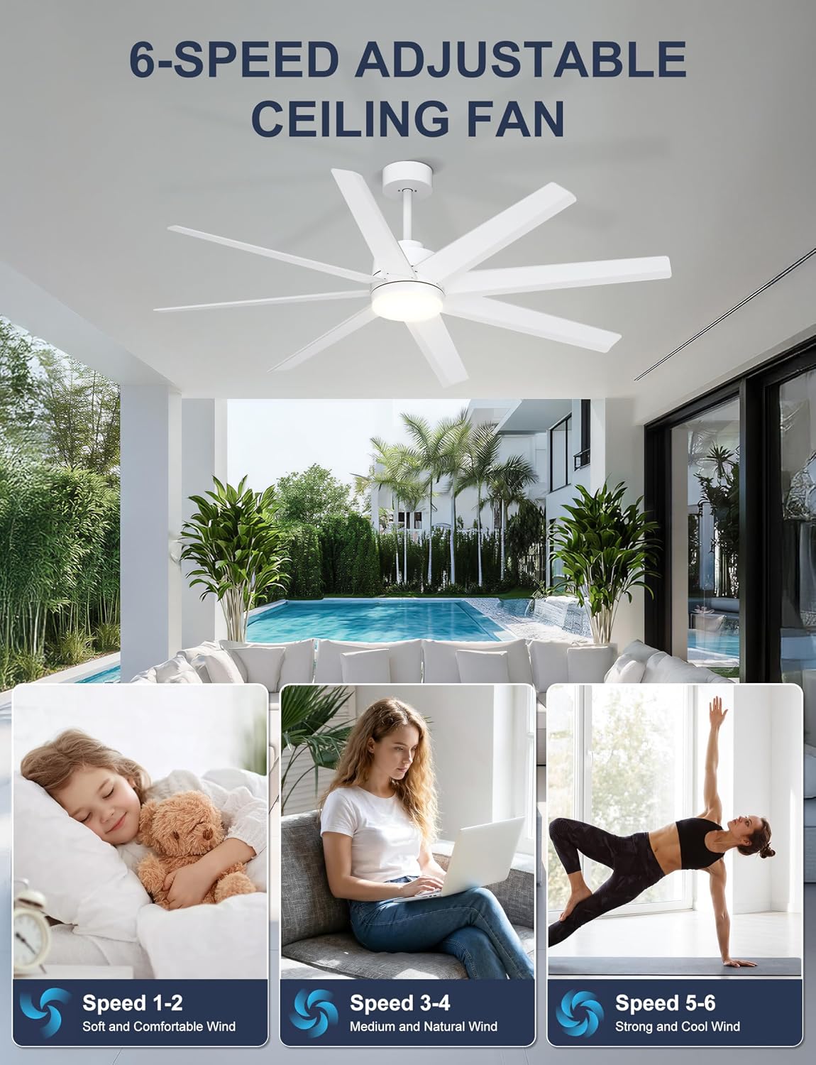 Ohniyou 60'' Ceiling Fan with Light - Modern White 8 Blades Ceiling Fan Remote&APP Control, Dimmable, DC Motor Outdoor Fan for Covered Patio, Living Room, Shop, Garage