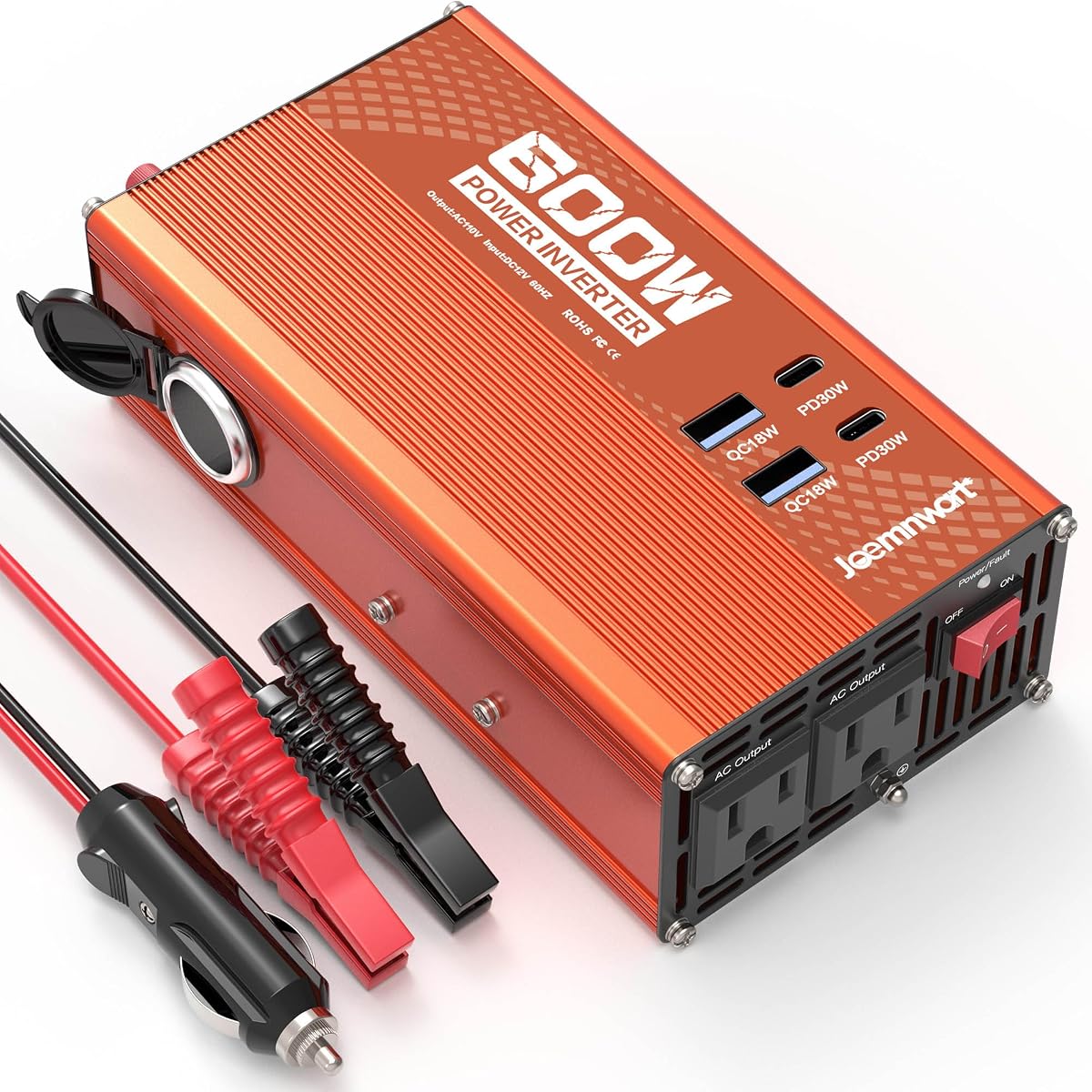 600W Power Inverter DC 12v to 110v AC Car Plug Adapter with [30W PD USB-C] & [18W QC USB-A] Fast Charging Ports, Dual AC Outlets, and Cigarette Lighter Socket for Vehicles