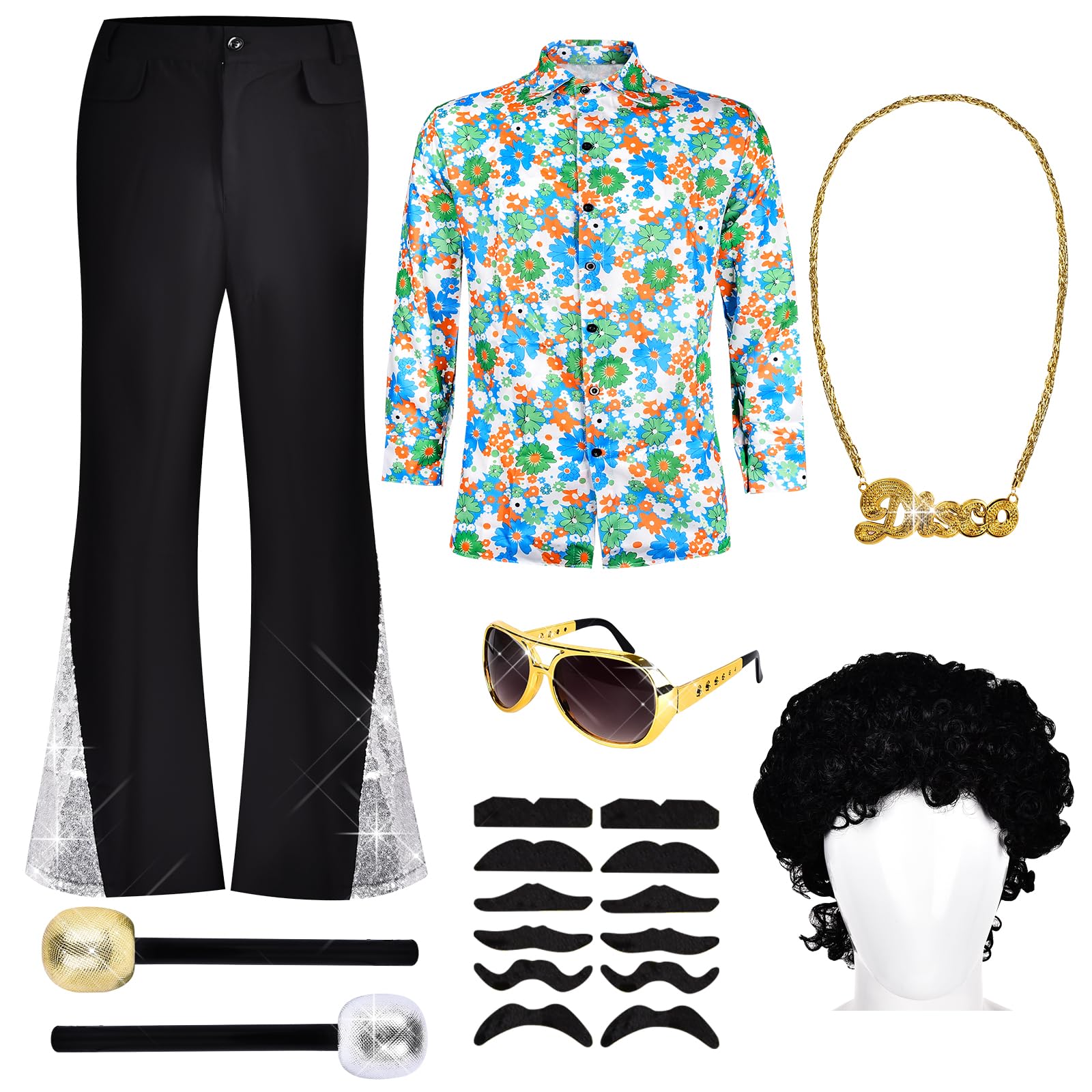 Disfraz de Disco para Hombre, Disfraz Hombre Hippie, Camisa Hombre años 70, Retro Pantalones de Campana, Pelucas, Gafas de Sol, Collares, Bigotes