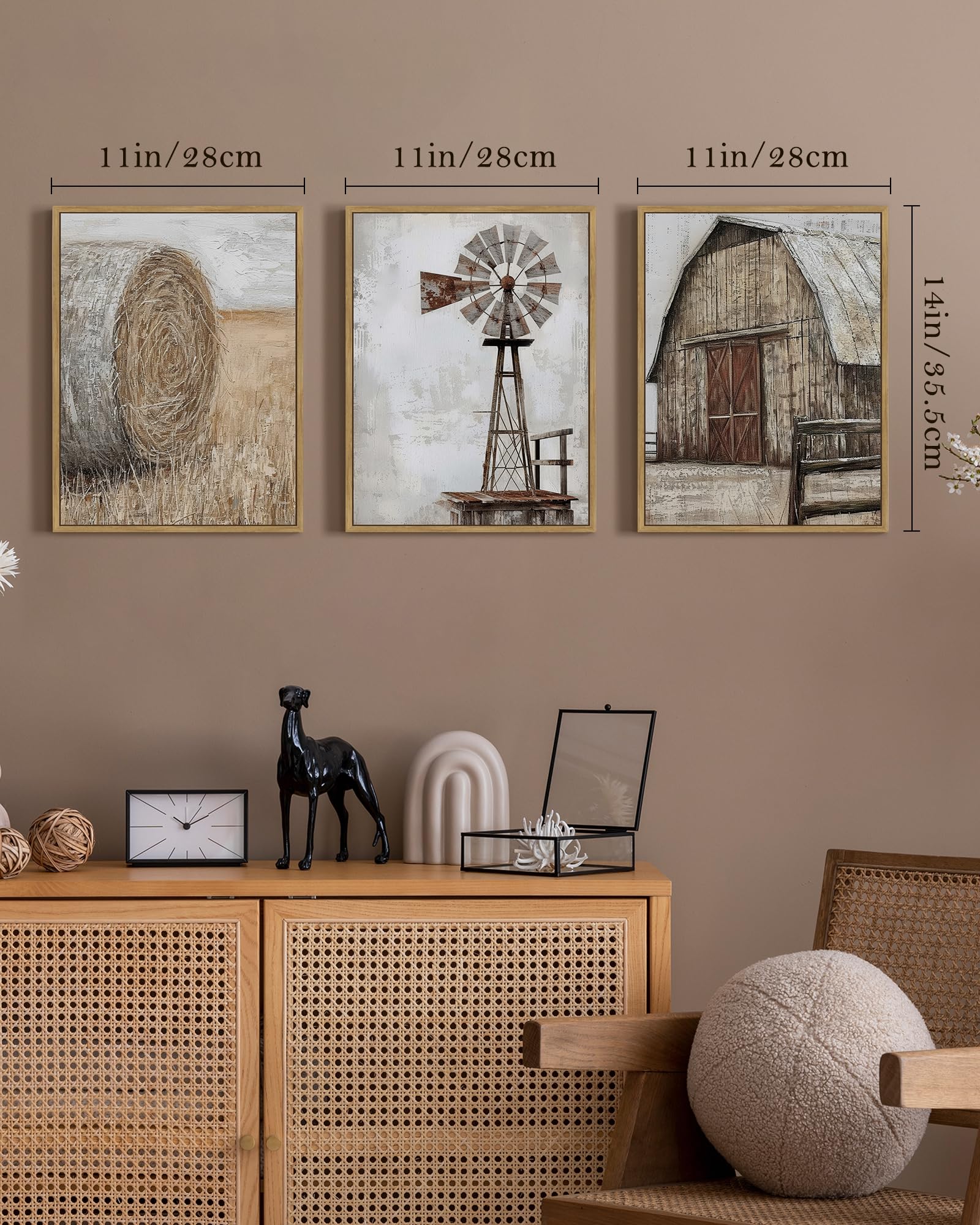 Rustikale Leinwandbilder-Set: 3-teilige Landhaus-Wandkunst Mit Scheune, Windmühle & Kornfeld – Fertig Zum Aufhängen, 40,6x61 Cm