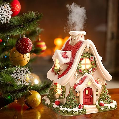 Christmas Snowy House Log Cabin Incense Burner, Christmas Cabin Incense Burner with Smoking Chimney Decorative Incense Burner for Home Indoor