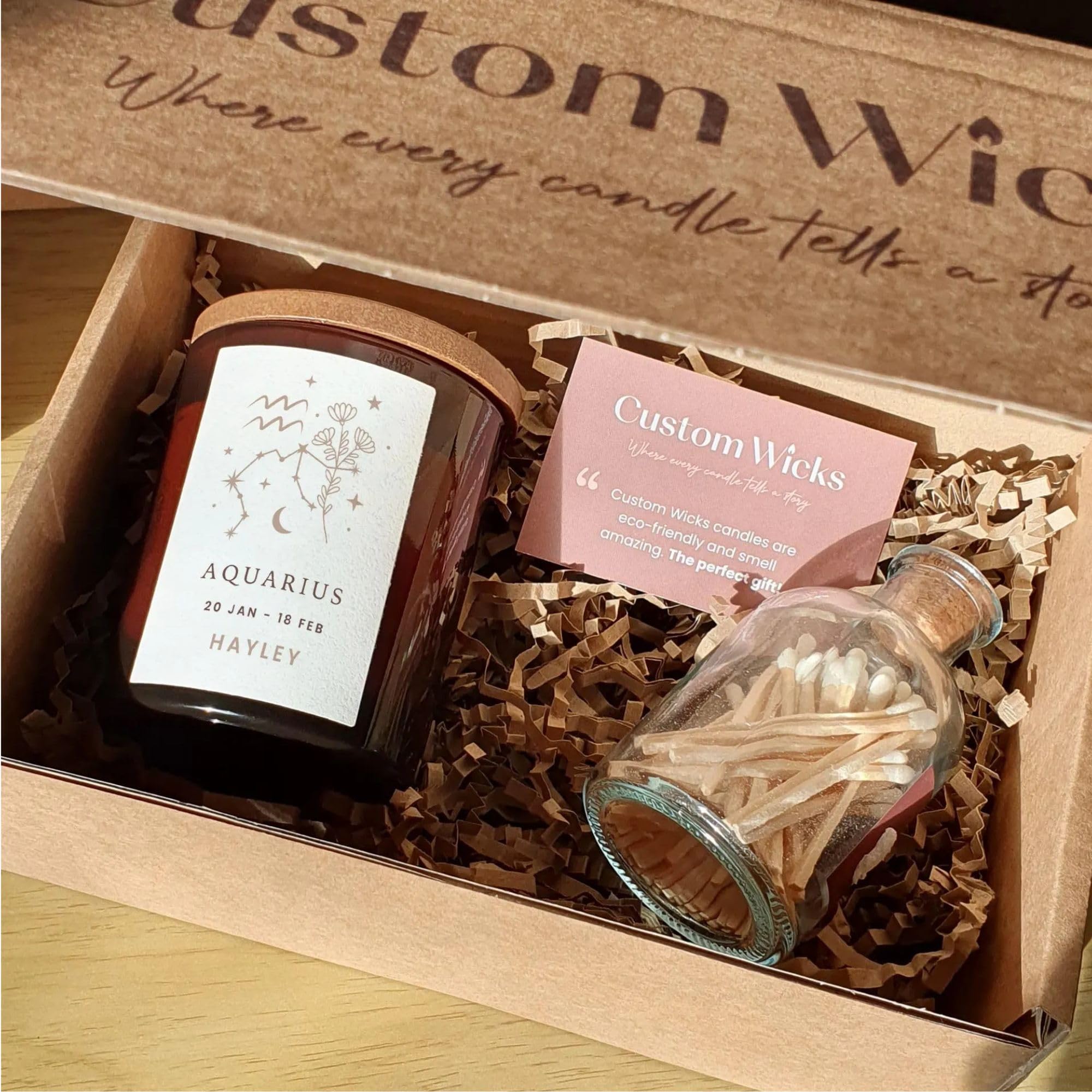 Custom Wicks Amber, White Aquarius Custom Zodiac Candle – Personalised Astrology Birthday Gift – Scented Horoscope Candle With Gift Box – Aquarius Star Sign Present – Custom Wicks™
