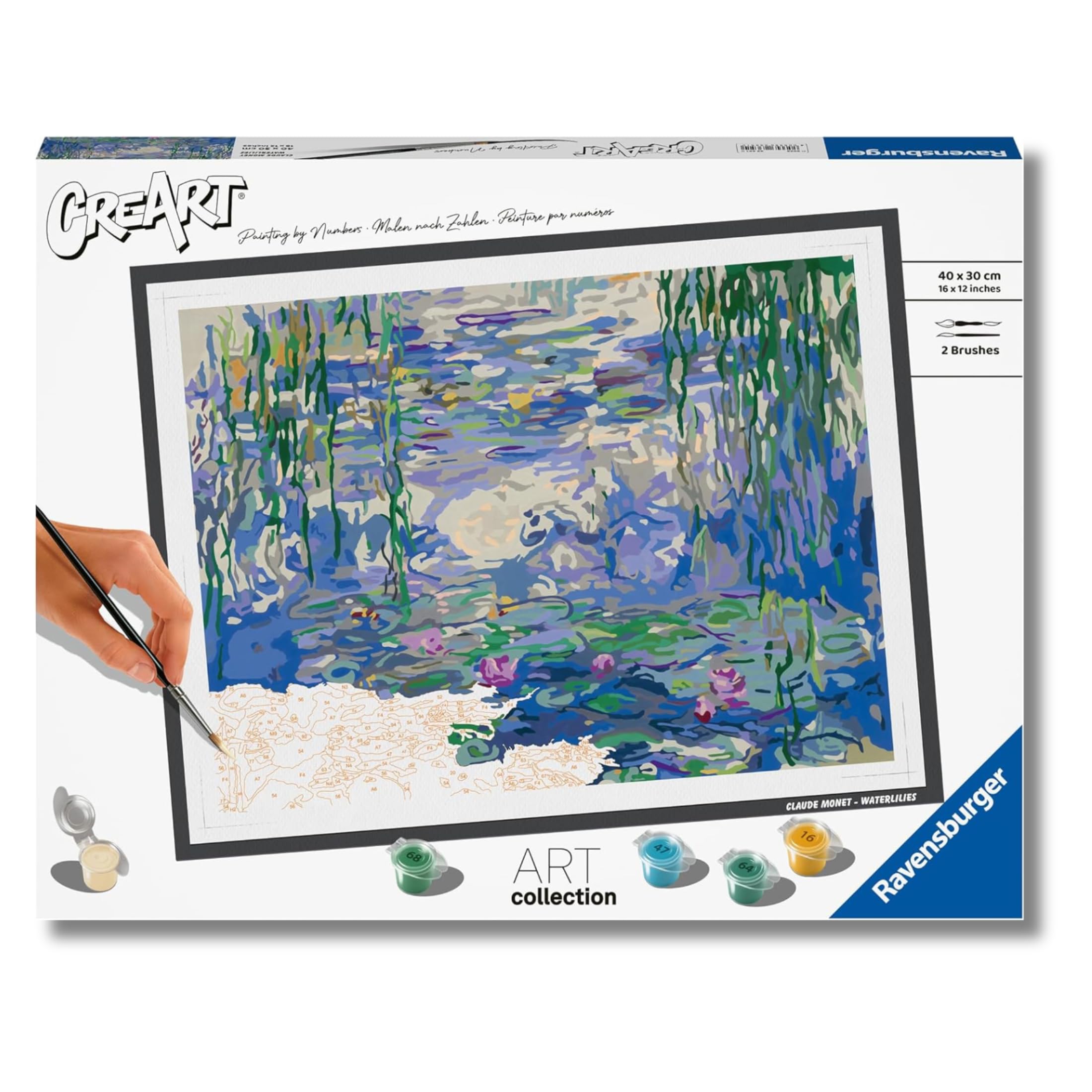 Ravensburger CreArt: Monet Le ninfee – Dipingere con i Numeri Adulti, Attività Creativa e Rilassante, Kit Pittura con Pennello e Colori Inclusi, 30 x 40 cm, Idee Regalo