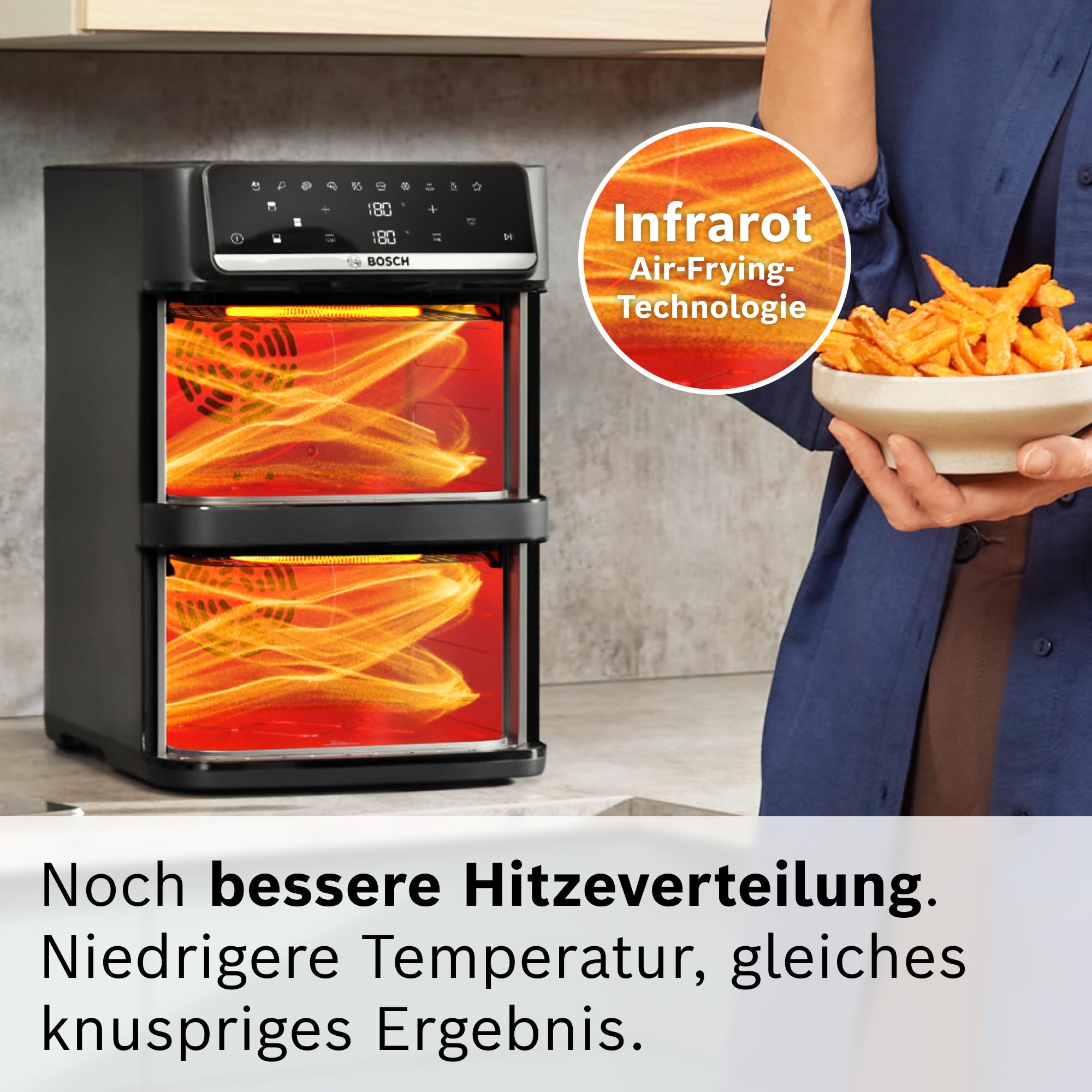 Bosch Serie 6 XXL Heißluftfritteuse, 12 L Doppelkammer, platzsparend, 6 Programme, PFAS frei, schwarz, AirFryer Serie 6, MAFD661B0