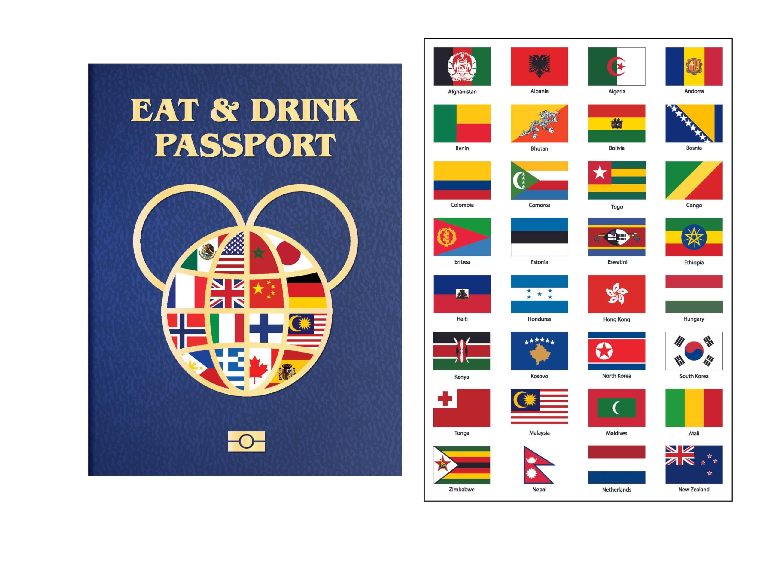 Global Adventure Passport - Eat & Drink Around The World - Perfect for Epcot and Beyond - 50 Countries, Ratings, Flags, World Flag Stickers (12)