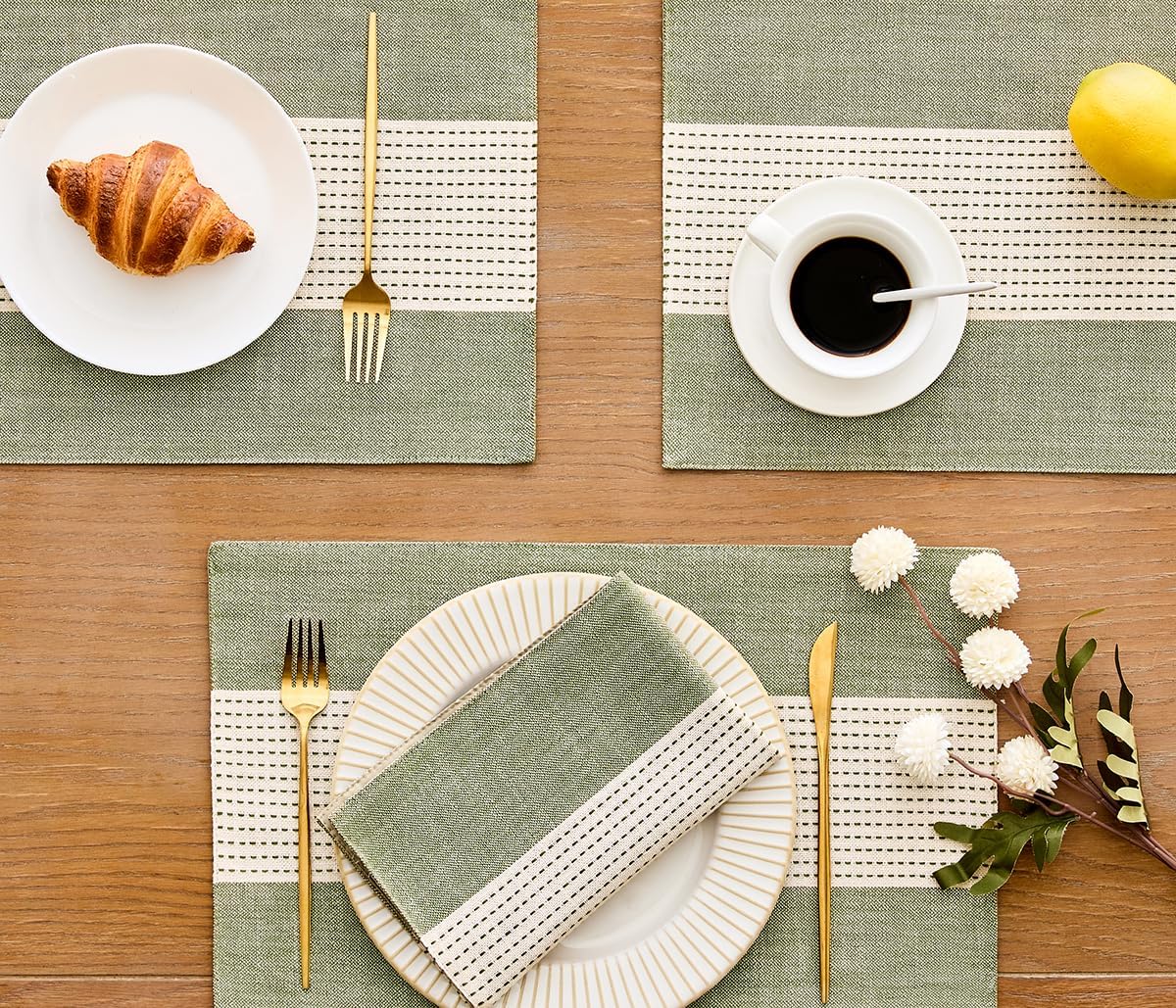 Wracra Linen Placemats, 12 x 18 Inch Set of 6 Placemats, Farmhouse Macrame Place Mats for Kitchen Table and Heat Resistant-Hemstitch Sage Green 6PCS