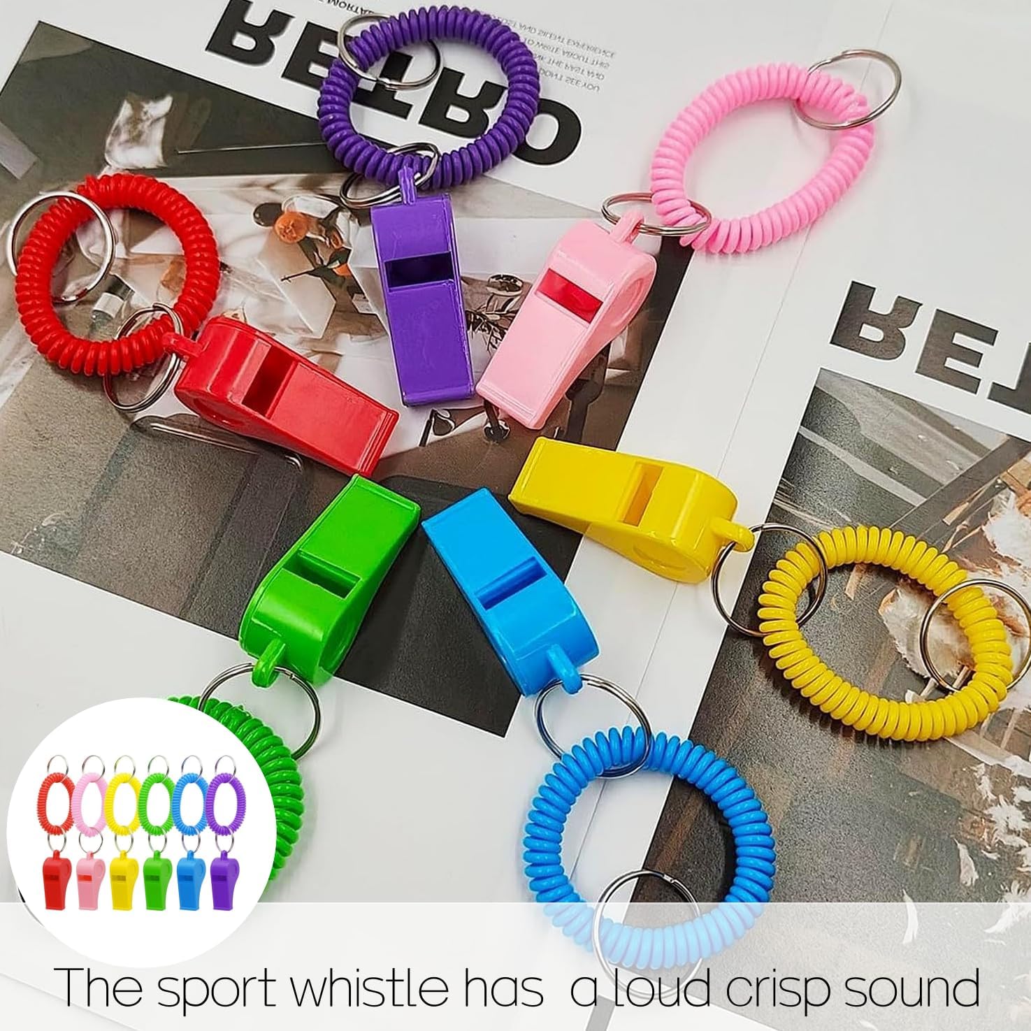 12 Packs Whistle with Bracelet, Loud Clear Sound, Stretchable Coil Wrist Keychain Ring,Wrist Keychain Plastic Whistles for Coaches, Referees,Birthday Party Gift, Emergency Training