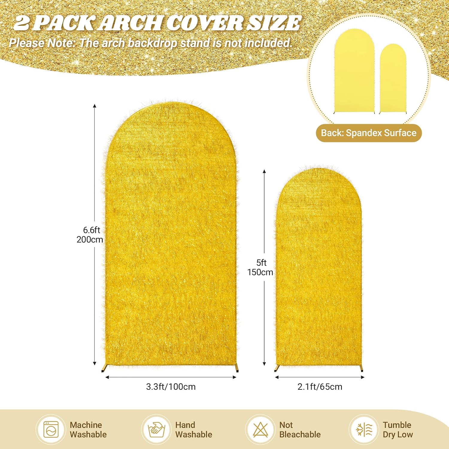 Set of 2 Gold Arch Backdrop Cover 6.6ft 5ft, Dual-Sided Metallic Sparkle Tassel/Spandex Balloon Arch Cover, Round Top Chiara Backdrop Stand Cover for Wedding, Birthday Party, Baby Shower, Prom Decor