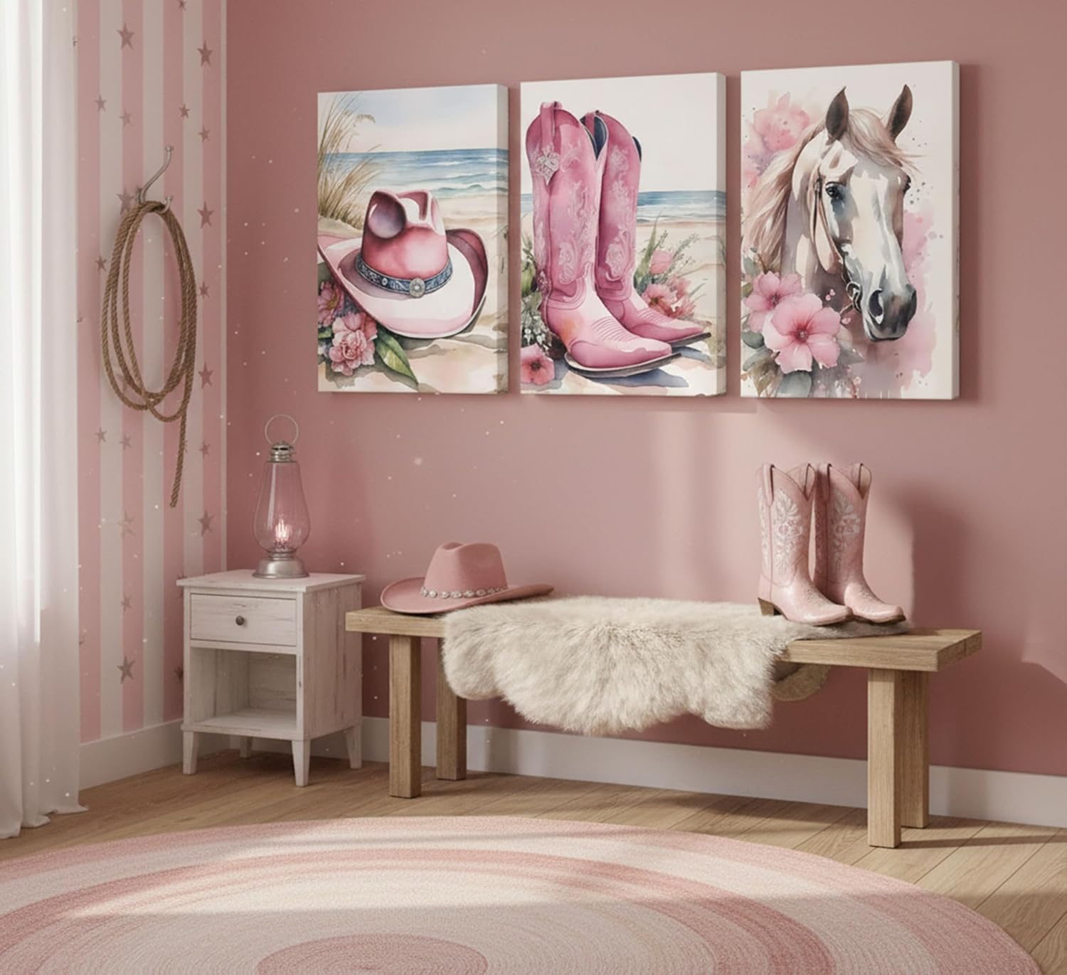 3Pcs Coastal Western Cowgirl Canvas Wall art Pink Flower Boots Hat Horse Aesthetic Painting Pictures Wall Decor Southern Girl Trendy Preppy Posters Print Artwork for Girls Room Bedroom Dorm