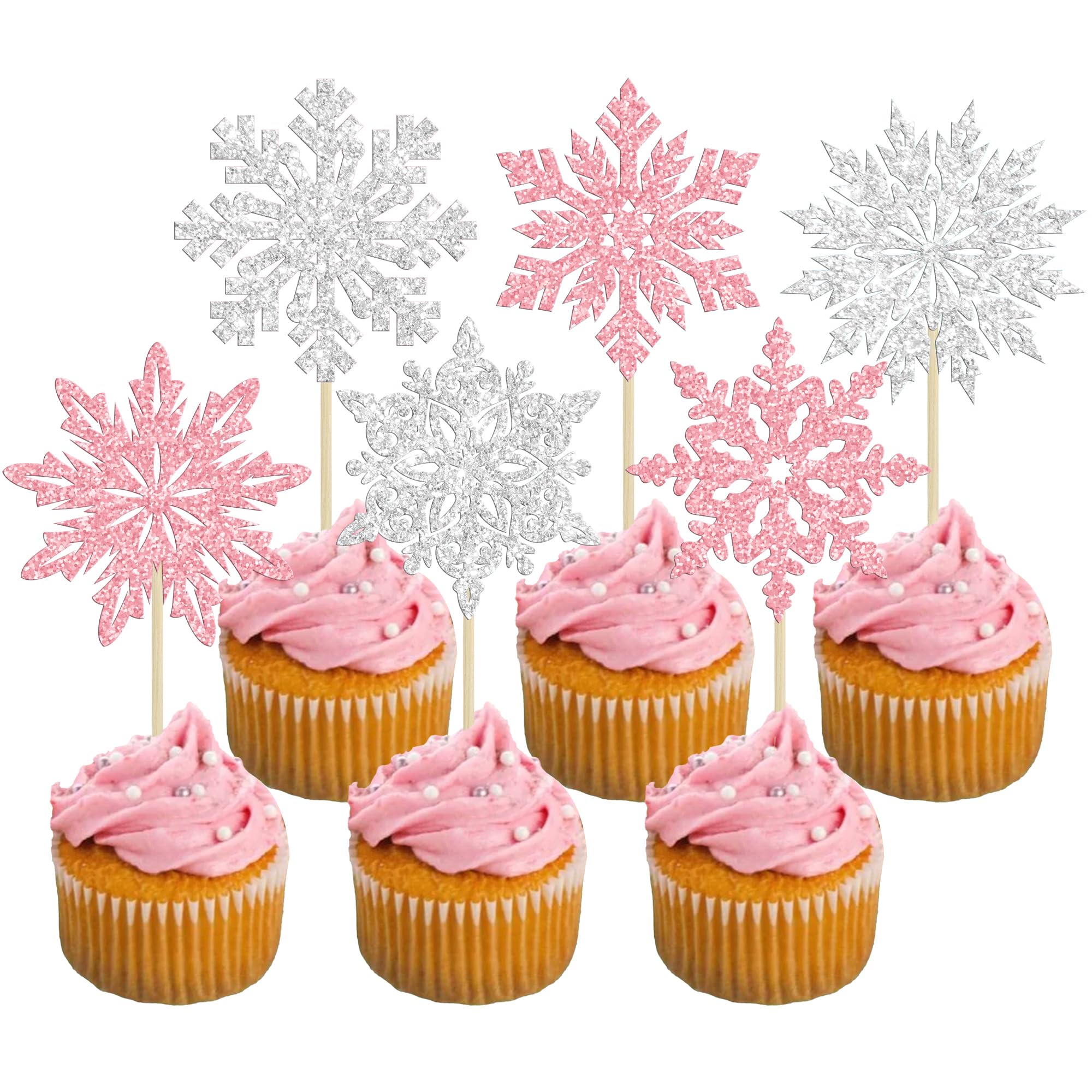 Ephlyn 30Pcs Snowflake Cupcake Toppers Glitter Winter Snowflake Cupcake Picks Winter Frozen Cake Decorations Christmas Baby Shower Kids Birthday Party Supplies Pink Silver
