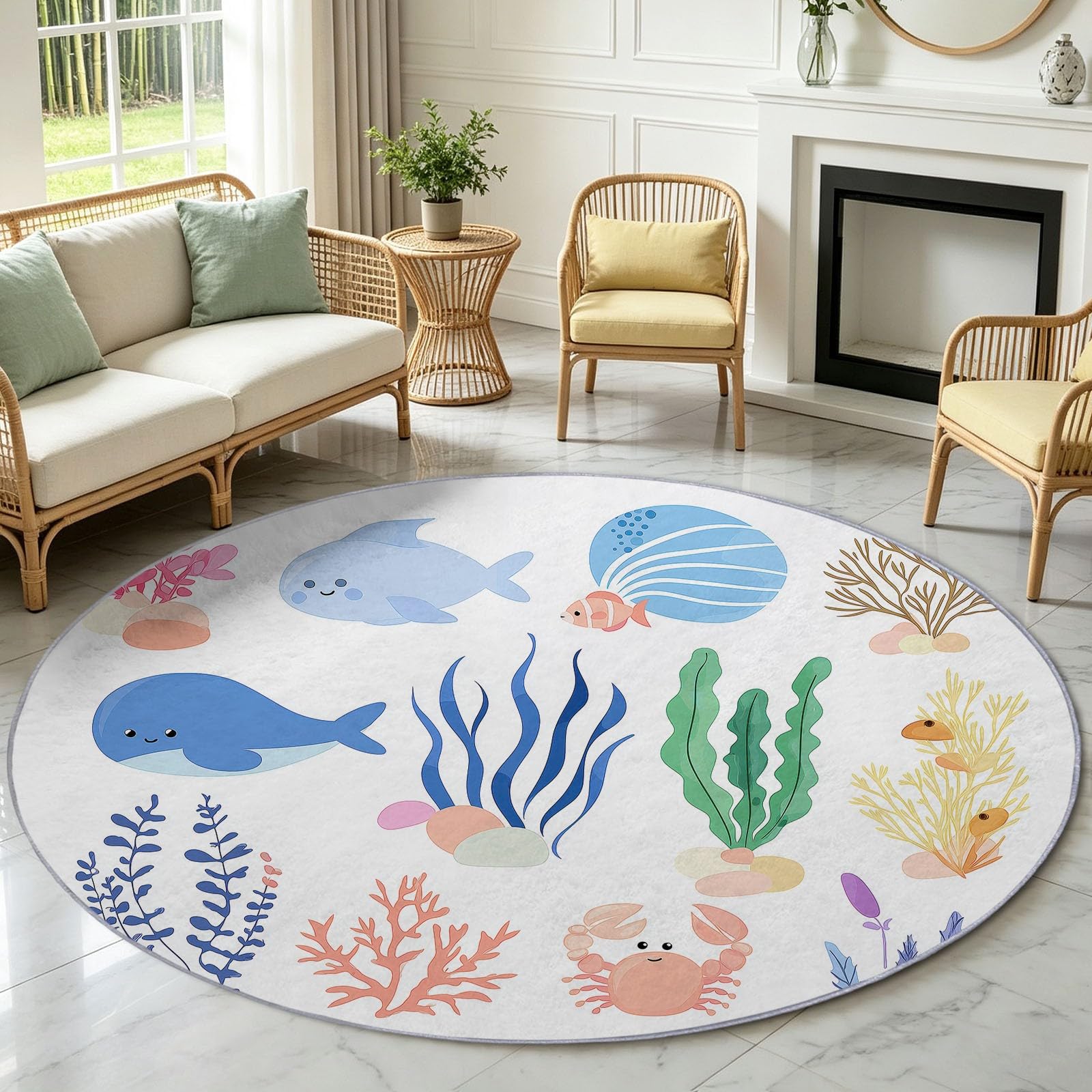Tappeto rotondo per soggiorno, 60 cm, lavabile, motivo animali marini in stile cartone animato, per camera da letto, antiscivolo, non perde pelo, morbido, per camera dei bambini, cucina, ufficio, sala