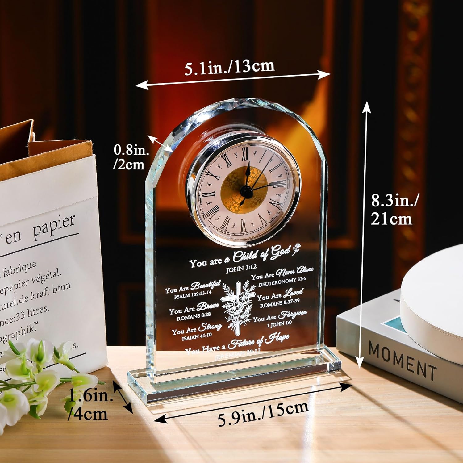 Movdyka Christian Gifts for Women Crystal Clock Ornament Inspirational Religious Bible Verse Decor Birthday Christmas Get Well Catholic Spiritual & Baptism Confirmation Gifts for Girls