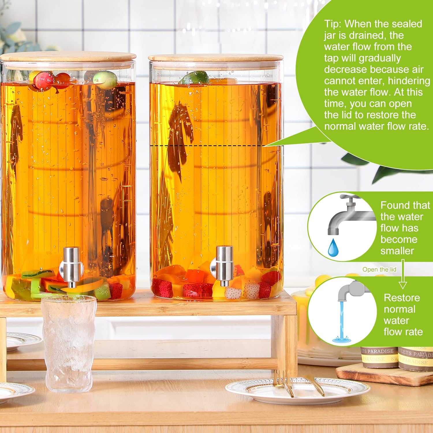 Honeydak 2 Pack 1.5 Gallon Glass Drink Dispenser with Stand, Bamboo Lid, Stainless Steel Spigot Leakproof, Beverage Dispensers for Parties, Lemonade, Iced Tea, Juice, BBQ & Picnic - Image 7