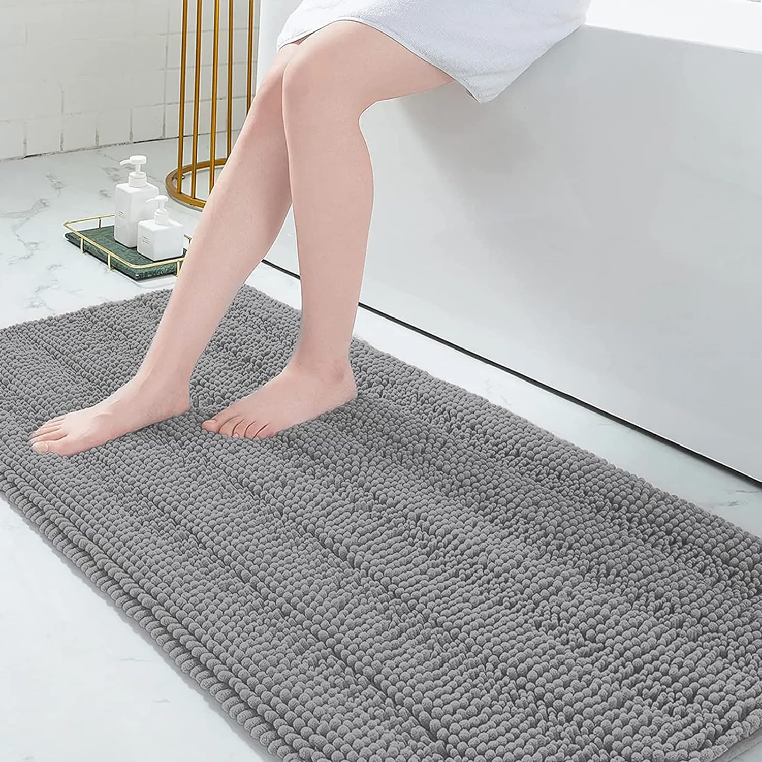 Grandaily Chenille Bathroom Rugs 70x24, Soft Absorbent Bath Mats, Dark Gray