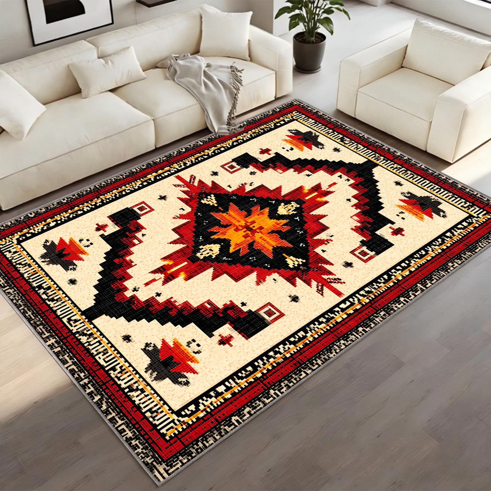 BEQUTIY Rustic Carpet 180 x 240 cm, Southwestern Aztec Area Rugs, Country Cabin Mat Machine Washable Non Slip Rugs, for Dining Room kids Room Fireplaces