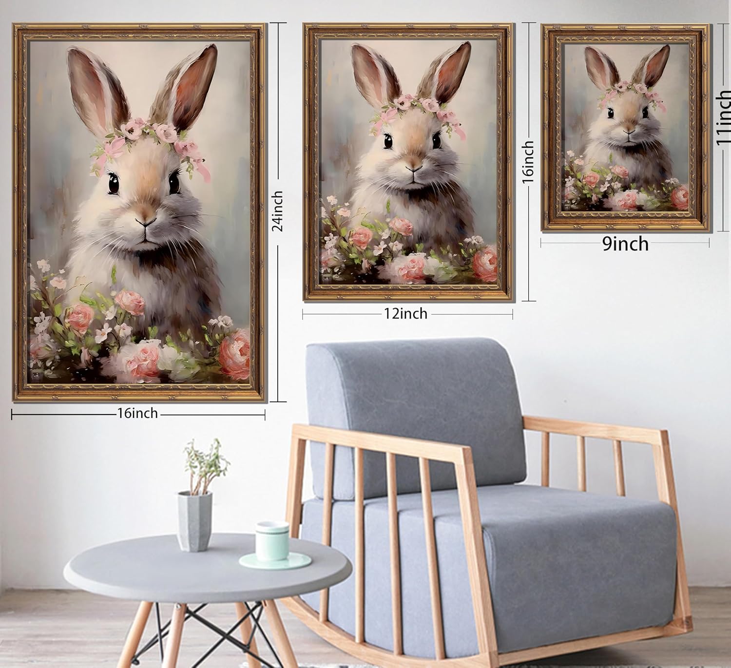 KKP Vintage Gold Framed Easter Bunny Wall Art, Pink Floral Rabbit Canvas Prints Wall Decor, Spring Farmhouse Home Decor Picture for Nursery, Kids Room, Living Room & Bedroom, 12x16 Inch