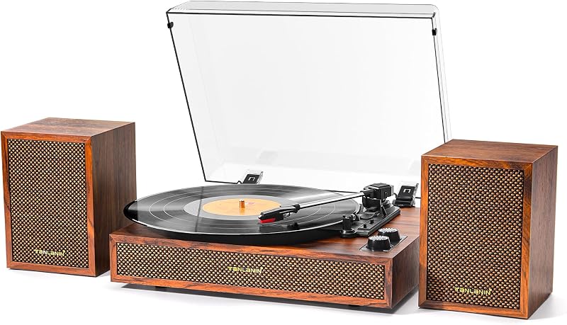 Vinyl Record Player with External Speakers, 3 Speed Vintage Stereo Turntable for Vinyl Records, Bluetooth Input, Auto Stop & Belt Driven System, RCA Out and Aux in - Brown