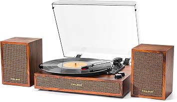 Vinyl Record Player with External Speakers, 3 Speed Vintage Stereo Turntable for Vinyl Records, Bluetooth Input, Auto Stop & Belt Driven System, RCA Out and Aux in - Brown
