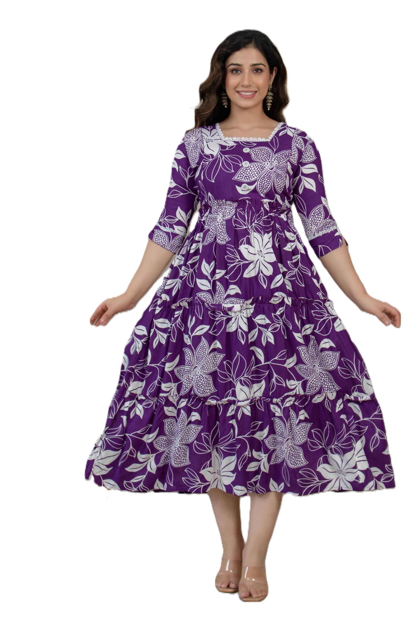 Women's Purple Floral Rayon Maternity & Nursing Tiered Maternity Dress White Lace-Trimmed Tiered Dress & Sleeve Lace and Button Work-image-12
