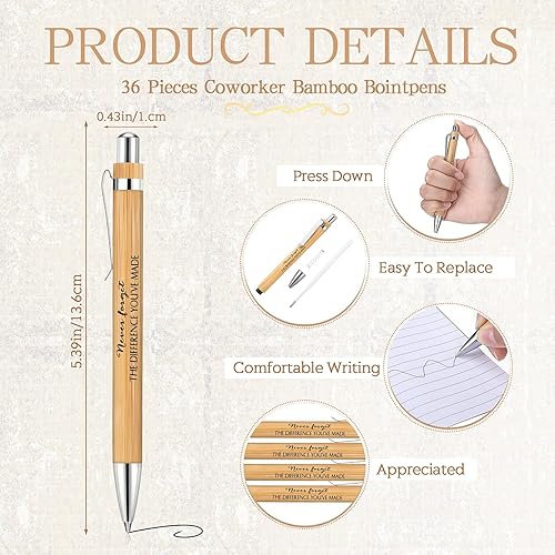 Miniatura 3 de Juego de 36 bolígrafos retráctiles de bambú y cuadernos de papel kraft de bolsillo, diario inspirador que nunca olvides la diferencia que has hecho,