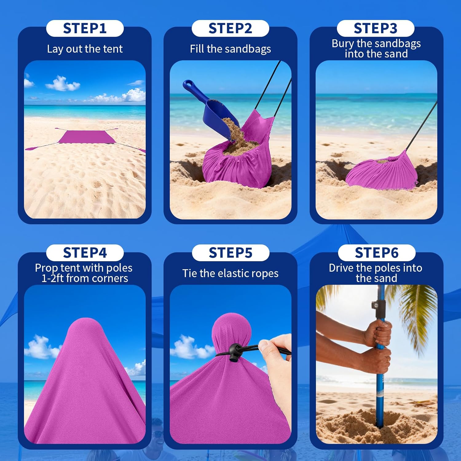 CROWN SHADES 7x7 Beach Tent Sun Shelter, Easy Pop Up Beach Canopy Shade, Portable Outdoor Carpas UPF50+, Includes 2 Poles Adjustable Aluminium, Extra-Large Big Sand Shovel, Purple