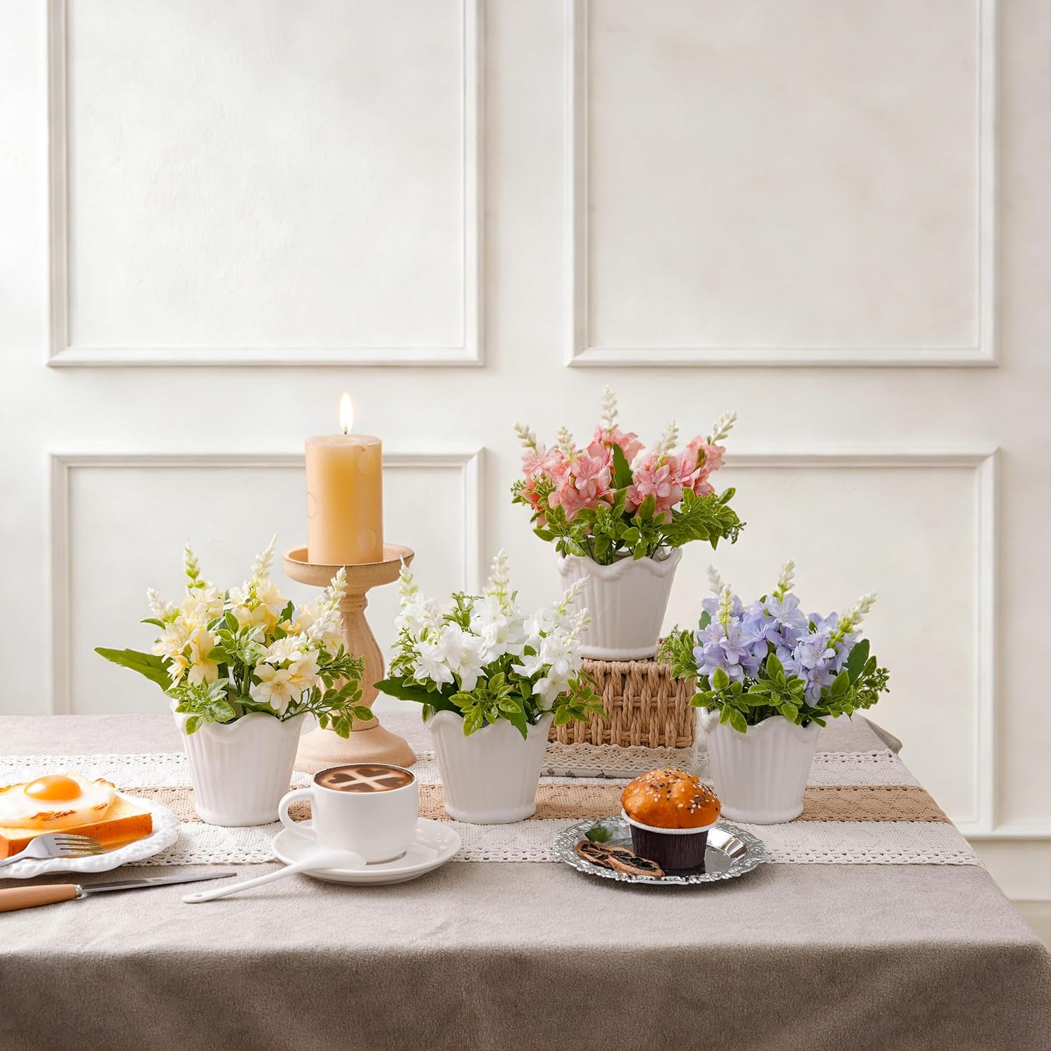 LUEUR 4PCS Artificial Spring Flowers with Ceramic Pot, Spanish Dagger Plants Centerpiece Table Decorations – Faux Flowers in Ceramic Vase for Dining Table, Coffee Table, Home, Office & Spring Decor