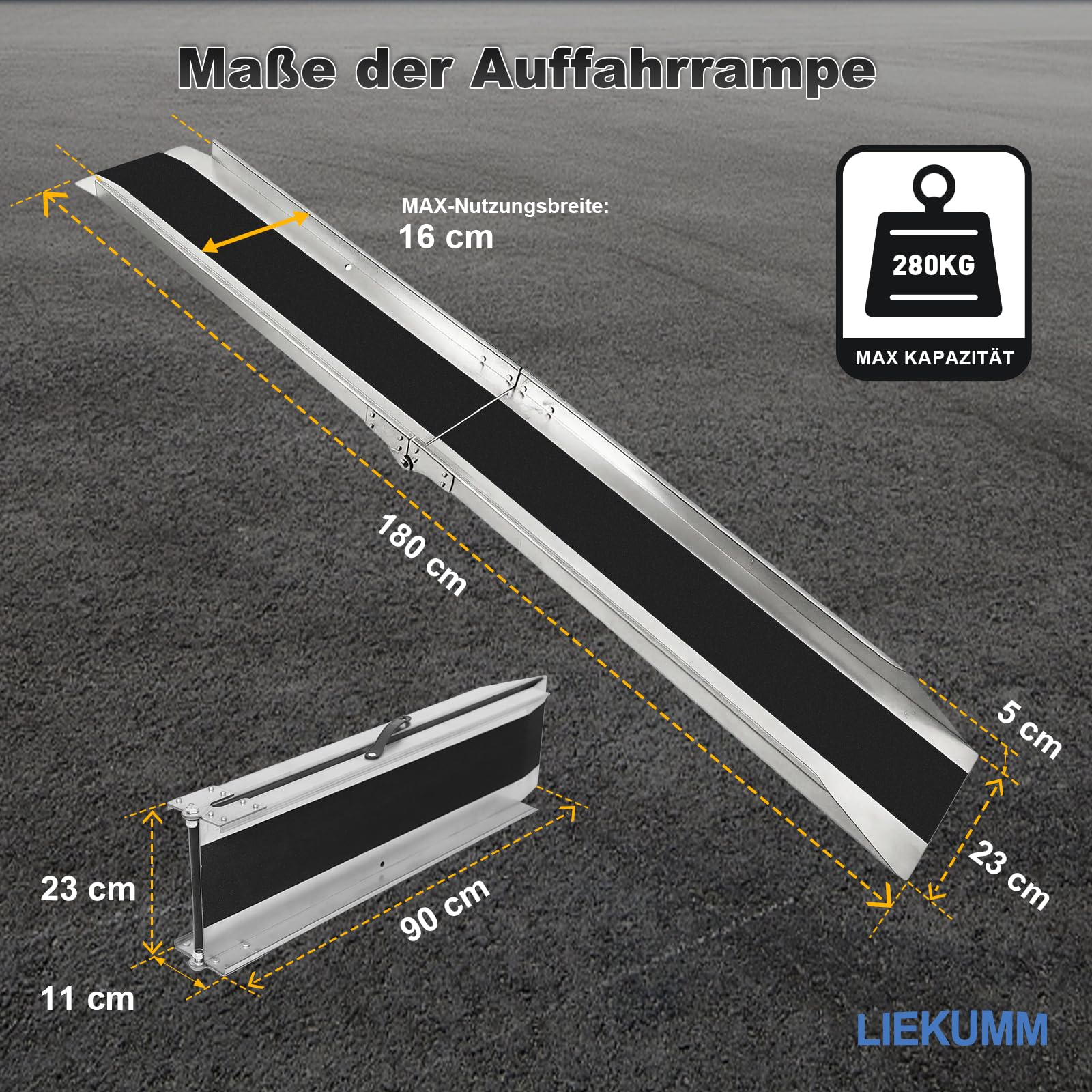 LIEKUMM Rampa di Carico Moto, 180cm Rampa pieghevole in acciaio con pellicola antiscivolo, 280KG capacità Rampa resistente per moto ATV Van Mower