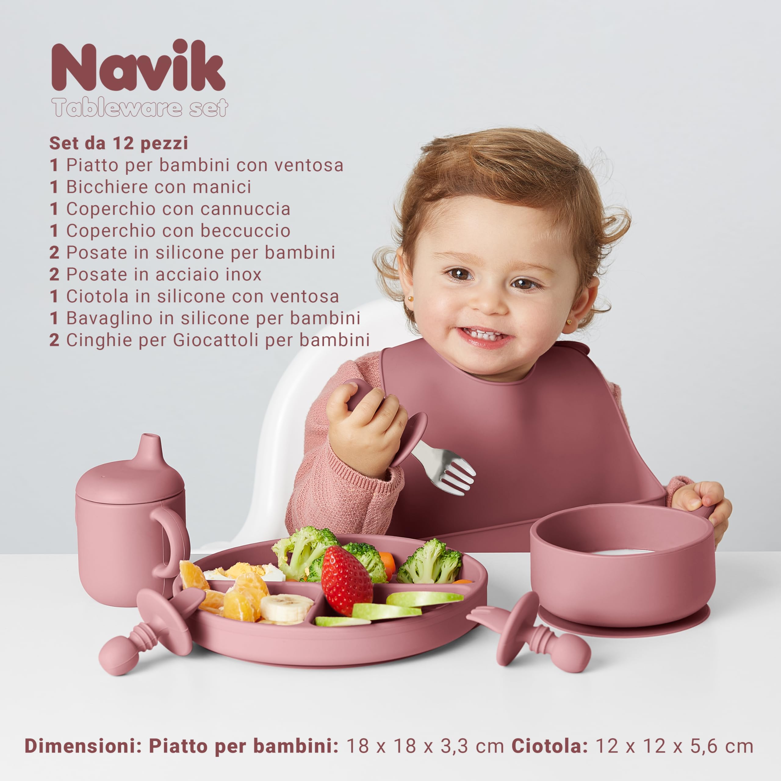 Navik | set pappa svezzamento da 12 pezzi | piatto con ventosa per bambini | bicchiere bambino con cannuccia | ciotola e posate in silicone | Rosa