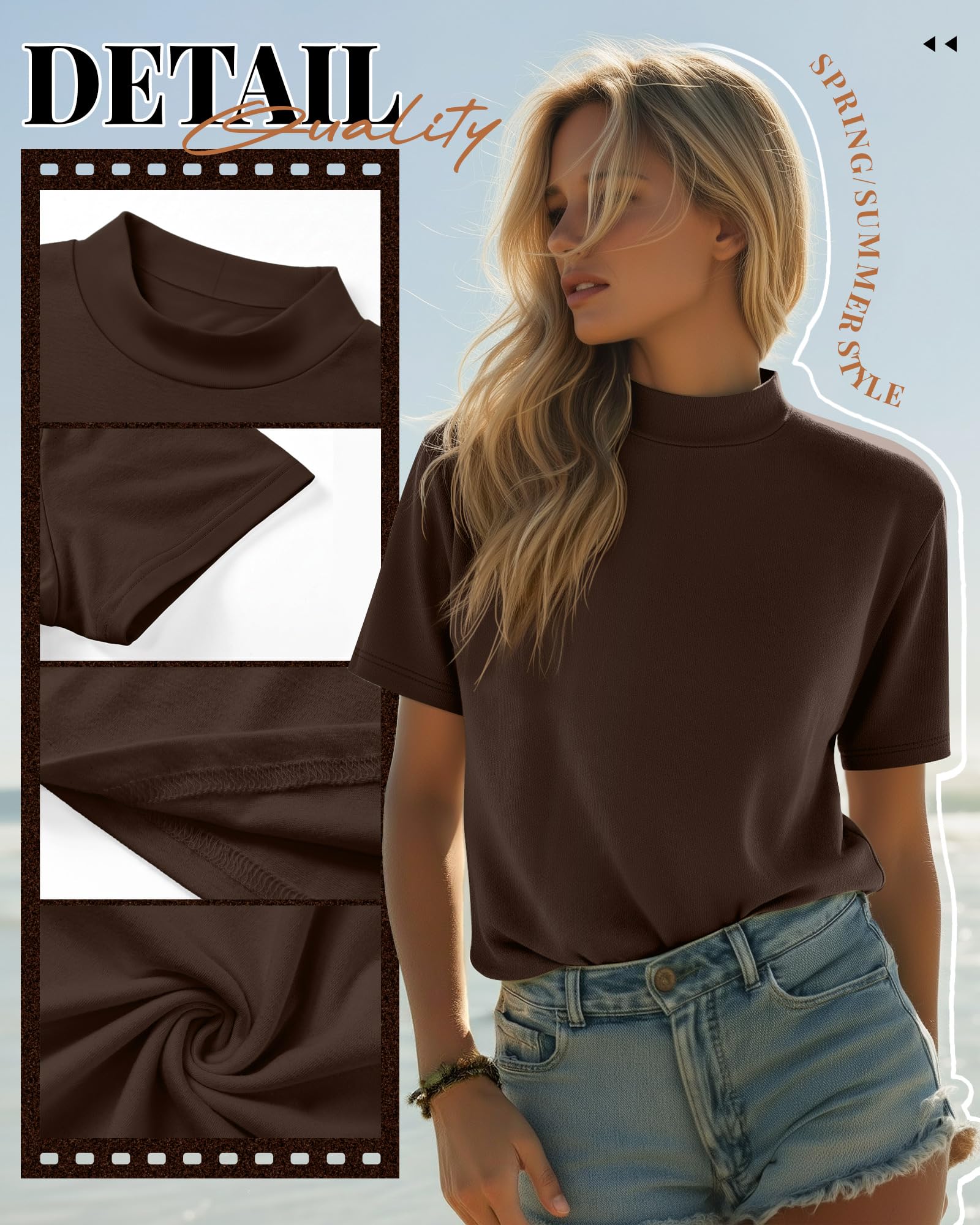 Ficerd 3er-Pack Damen-Shirts mit Stehkragen, Kurzarm-Rollkragenoberteile, Schmal Geschnitten, Lässige Sommer-Basic-Shirts