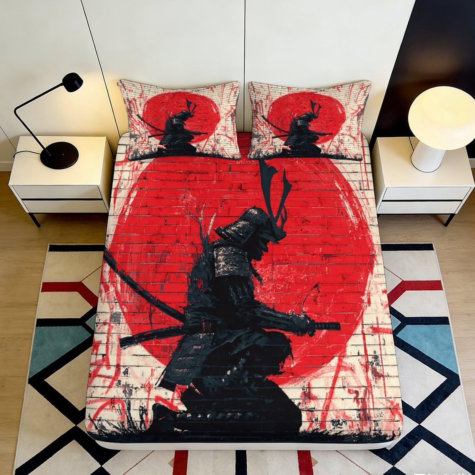 Jqzkxnhpbr Style-1 3D Printed Samurai Warrior Fitted Sheet Microfiber Red Sun Japanese Art Mattress Cover Bedroom Decor 90X200x25cm