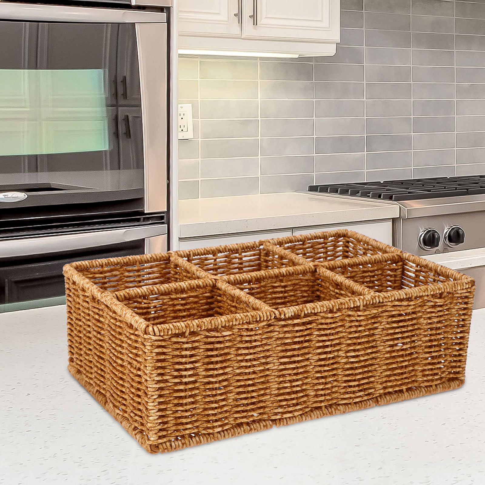 Organizador Cesta de Cubiertos Caqui de Ratán Plástico Color Multiusos Fácil de Limpiar para Cajones y Almacenamiento en Cocina