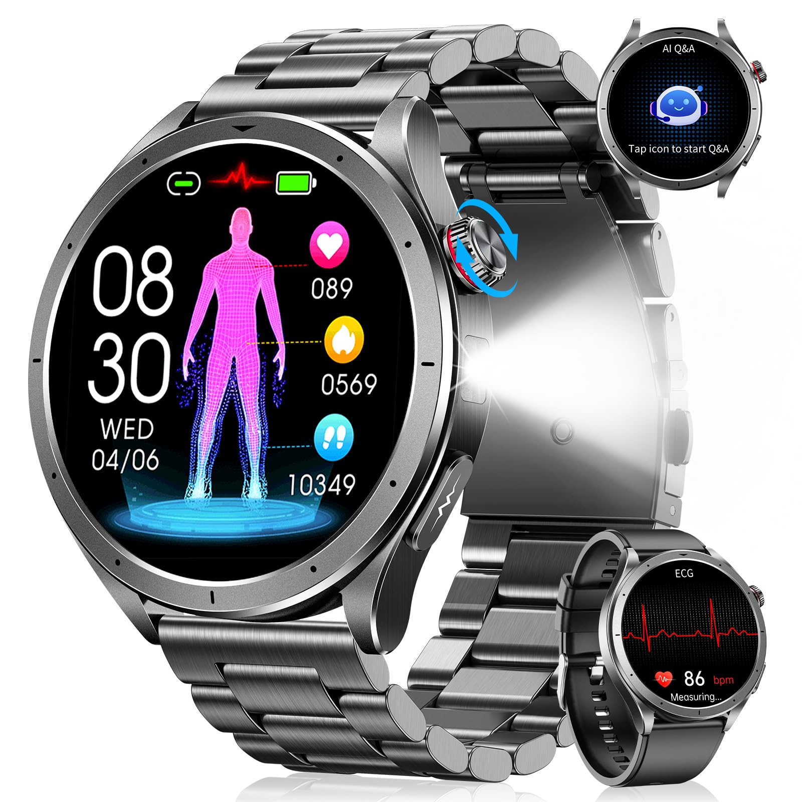 Reloj Inteligente Hombre con ECG+HRV, AI-GPT Smartwatch Hombre Militar con Llamadas 5.4, Presión Arterial, Pulsómetro, SpO2, Monitor de Sueño, 120+ Modos Deportivos Pulsera Actividad Android iOS Negro