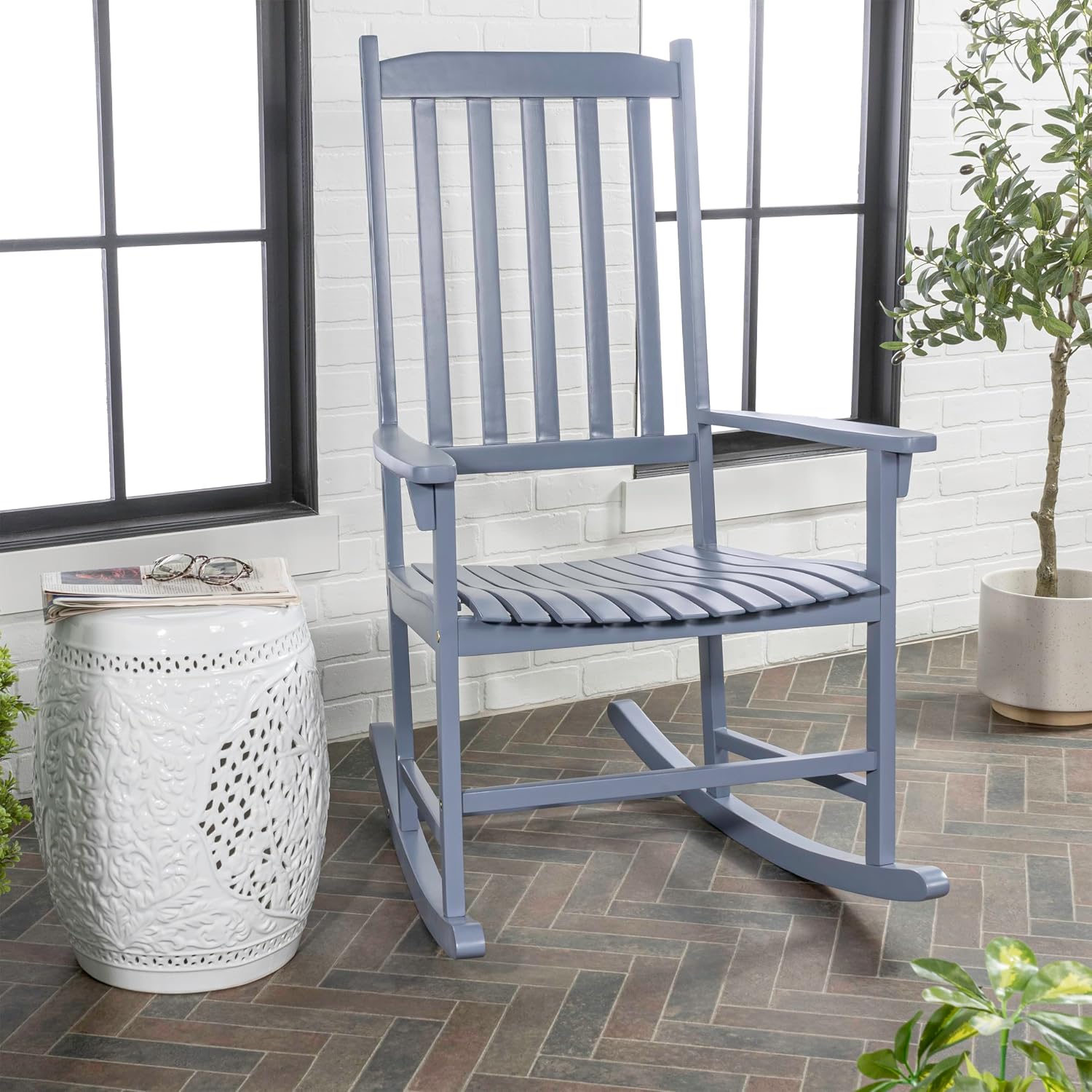 JONATHAN Y Seagrove 44" Cashmere Blue Solid Acacia Wood Outdoor Rocking Chair, Classic Slatted High Back Porch Rocker for Patio, Garden and Sunroom, 350 lbs Capacity RCK300F