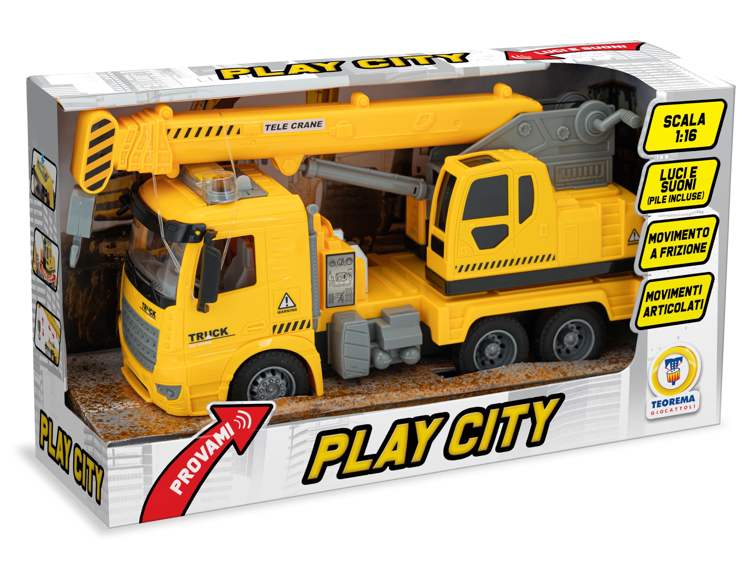 Teorema, Play City Camion Gru Giocattolo 1:16, Autogru da Cantiere con Luci e Suoni, Movimento a Frizione, Braccio Articolato con Gancio, Camion Grande Giocattolo per Bambini 3 più Anni, 30 cm