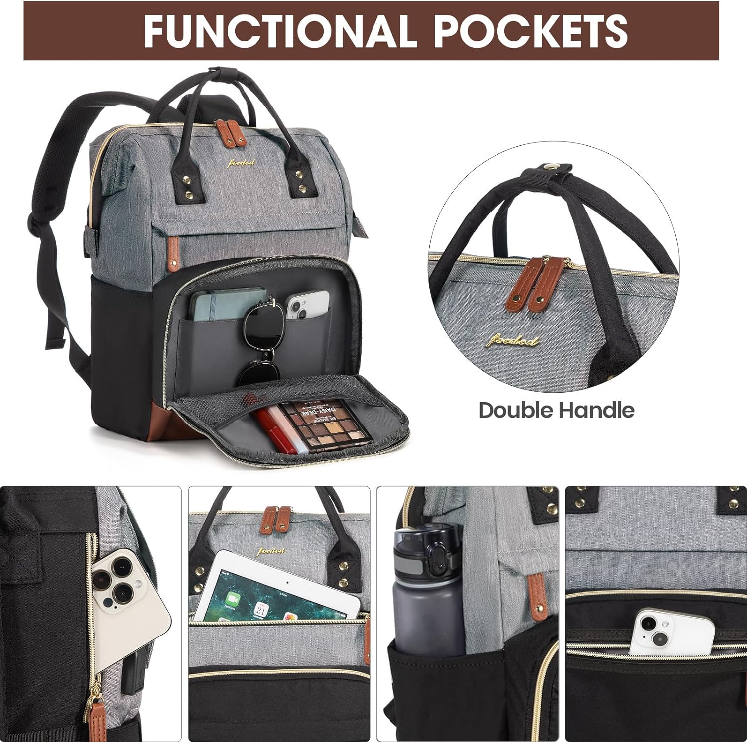 Laptop Backpack 15.6 Inch Professional Womens Purse Computer Bag Nurse Teacher Backpack Waterproof College Work Bags Carry on Travel Back Pack with USB Port, Black-Grey-Brown - Image 2