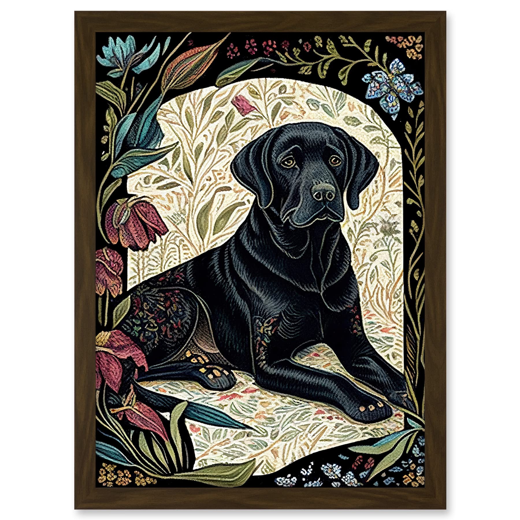 Artery8 Black Labrador Dog with Floral Patterns Vintage Inspired Linocut Illustration Artwork Framed A3 Wall Art Print