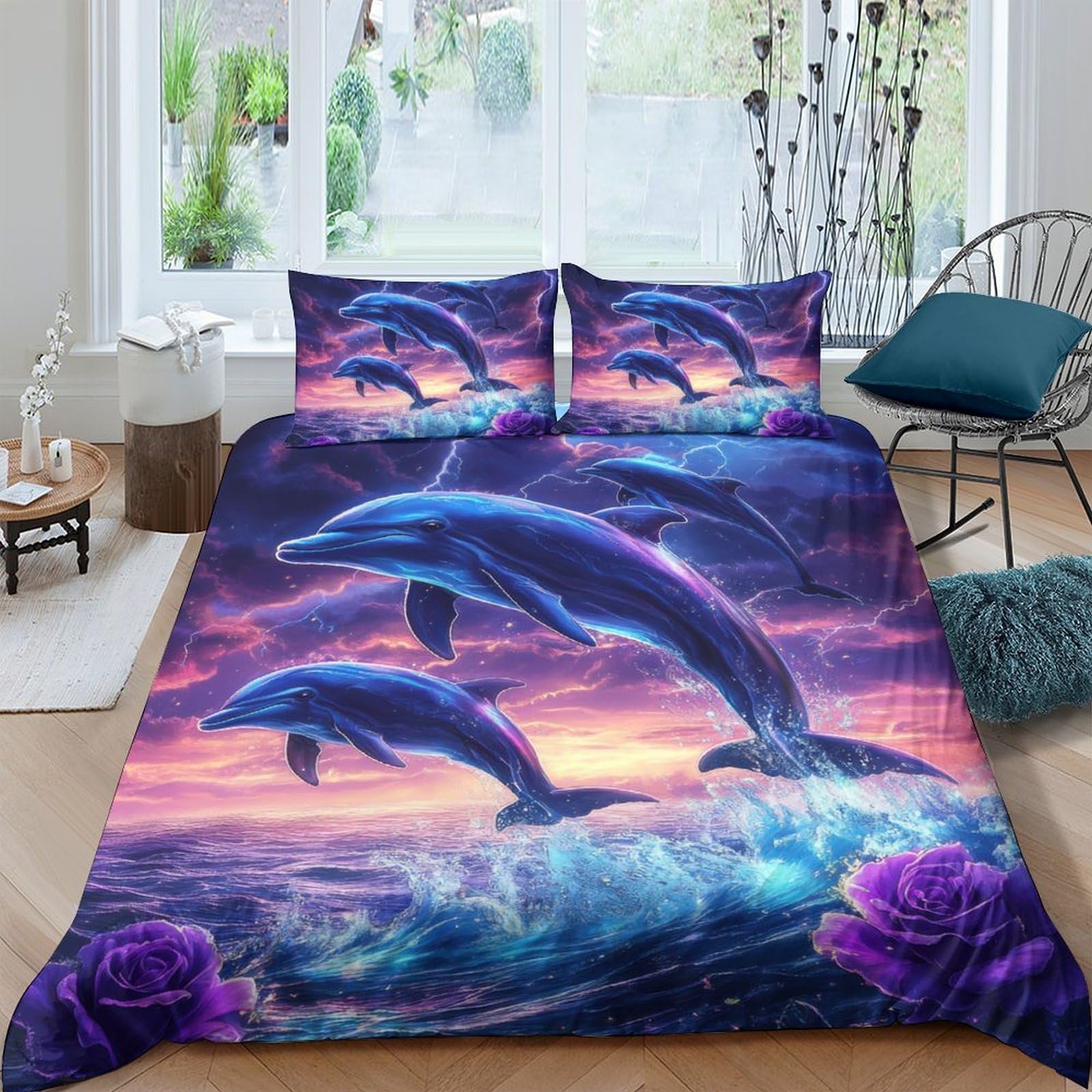 Ctjqhvkz Style-5 3D Printed Ocean Dolphin Fitted Sheet Microfiber Soft Purple Sunset Bed Sheet For Bedroom Guest Room Decor Single（135X200cm）