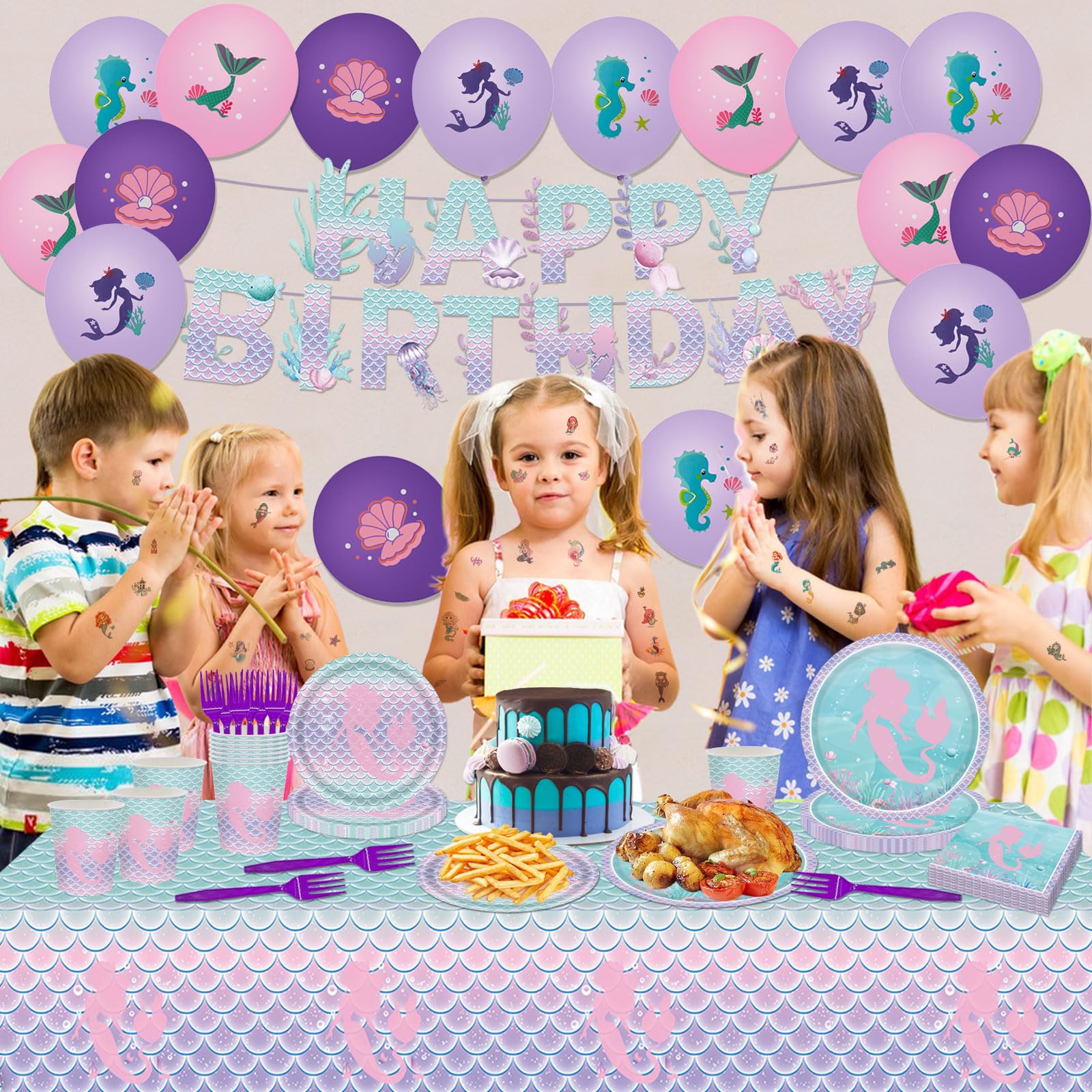 Poqirzan 108PCS Mermaid Birthday Party Decorations Mermaid Party Supplies Include Mermaid Paper Plates and Napkins Tableware Balloons Temporary Tattoos Mermaid Under the Sea Birthday Party Serve 16