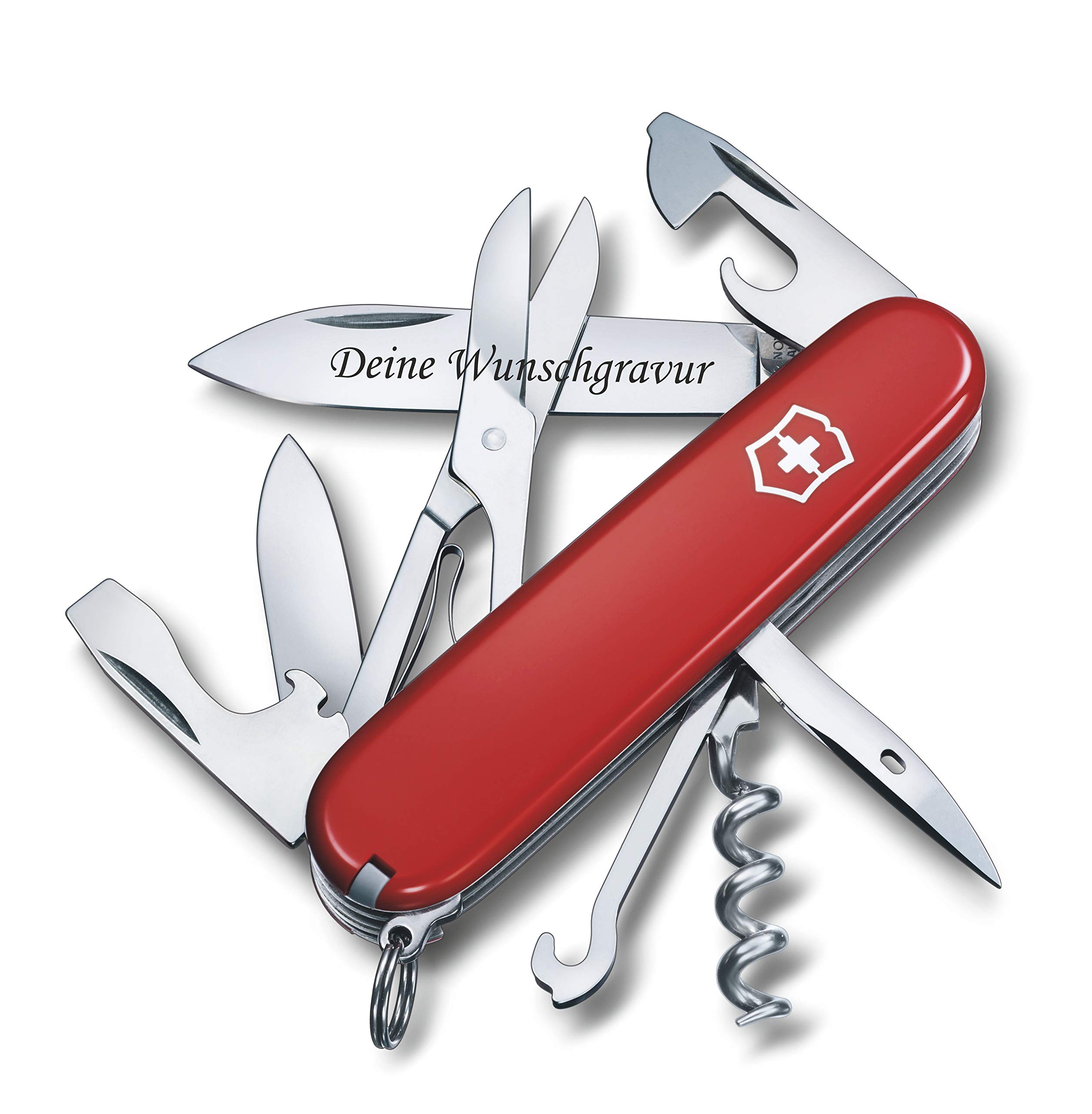 Taschenmesser CLIMBER mit Wunsch Gravur auf der Klinge I Geschenk für Männer Frauen I zum Geburtstag I Schweizer Taschenmesser personalisiert mit 14 Funktionen 1.3703 (rot)