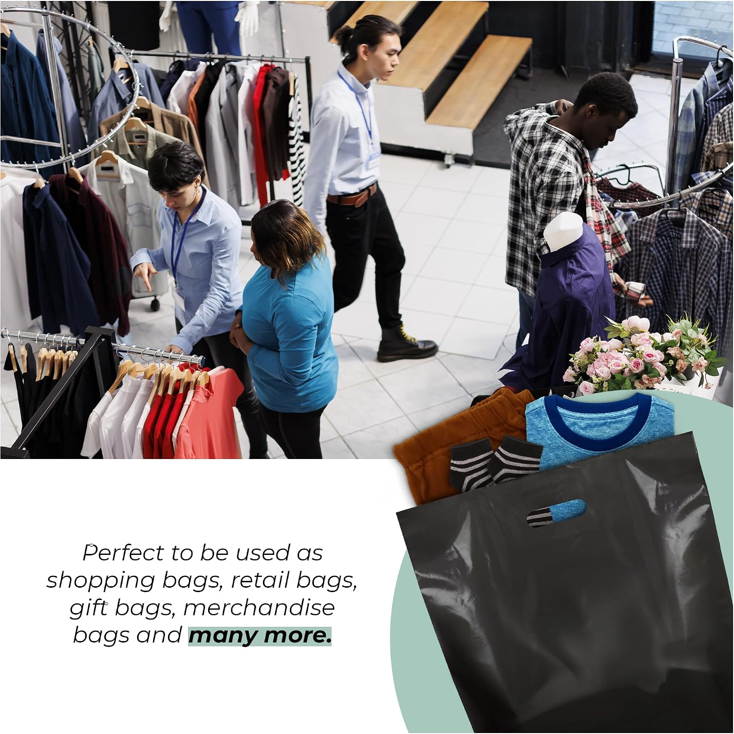 100 Pack Black Glossy Merchandise Plastic Bags, 16 x 18 Inch, 2 Mil Thick, Die Cut Handle Retail Shopping Bags for Small Business, Boutiques, Events, Party Favors