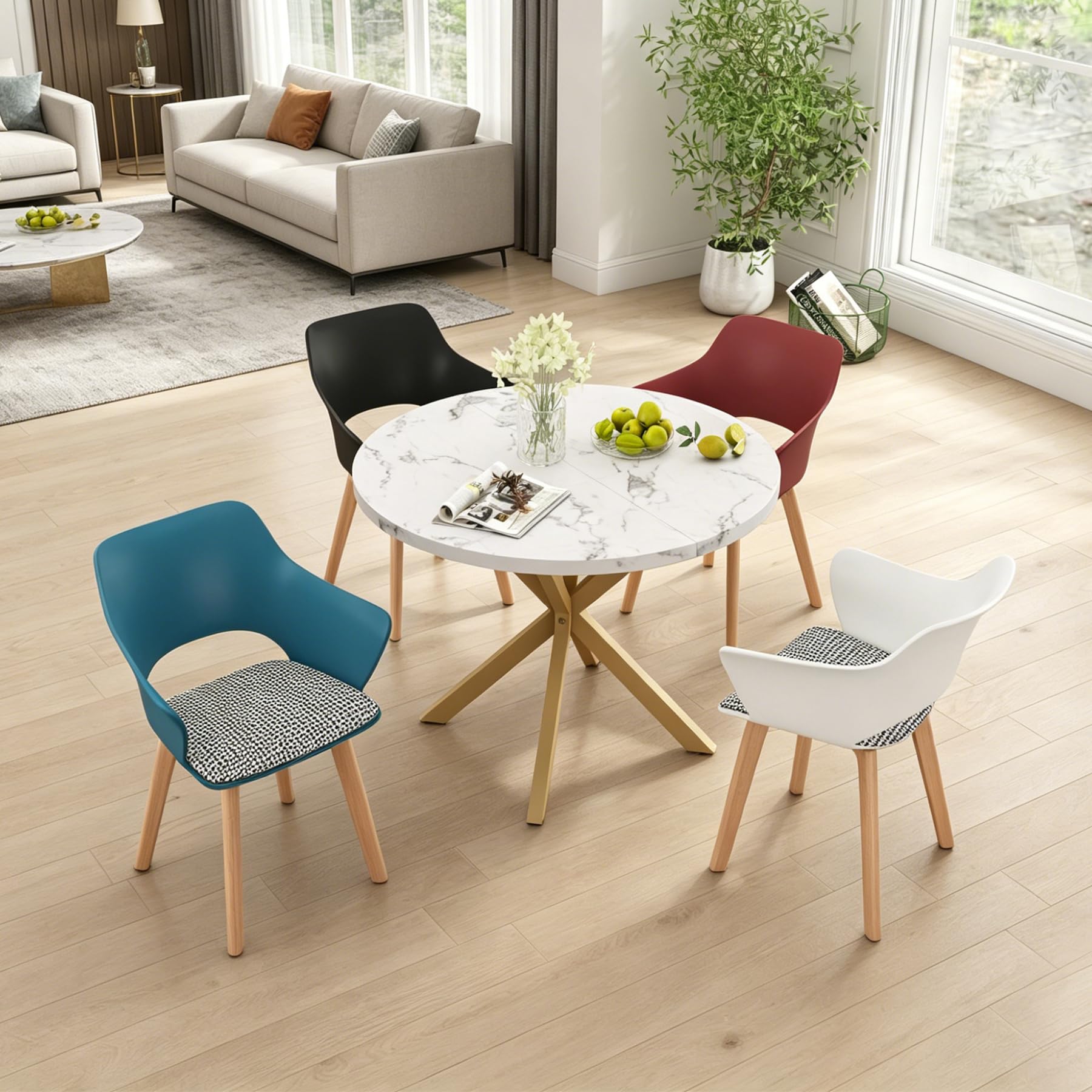 Mesa de comedor redonda de 100x100 cm con 4 sillas para salón