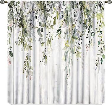 Eucalyptus Leaves Curtains Flower Watercolor Floral Spring Botanical Rod Pocket Plant Farm Pattern Cafe Curtains Herb Living Room Window Drapes Treatment Fabric 42Wx45H Inch Decor