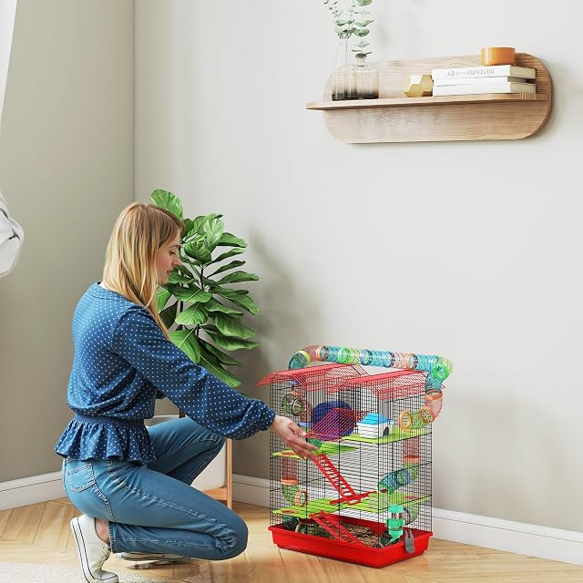 Foto 8 de 8 de PawHut Jaula para Hámster de 5 Niveles con Túnel 47x30x59 cm Rojo