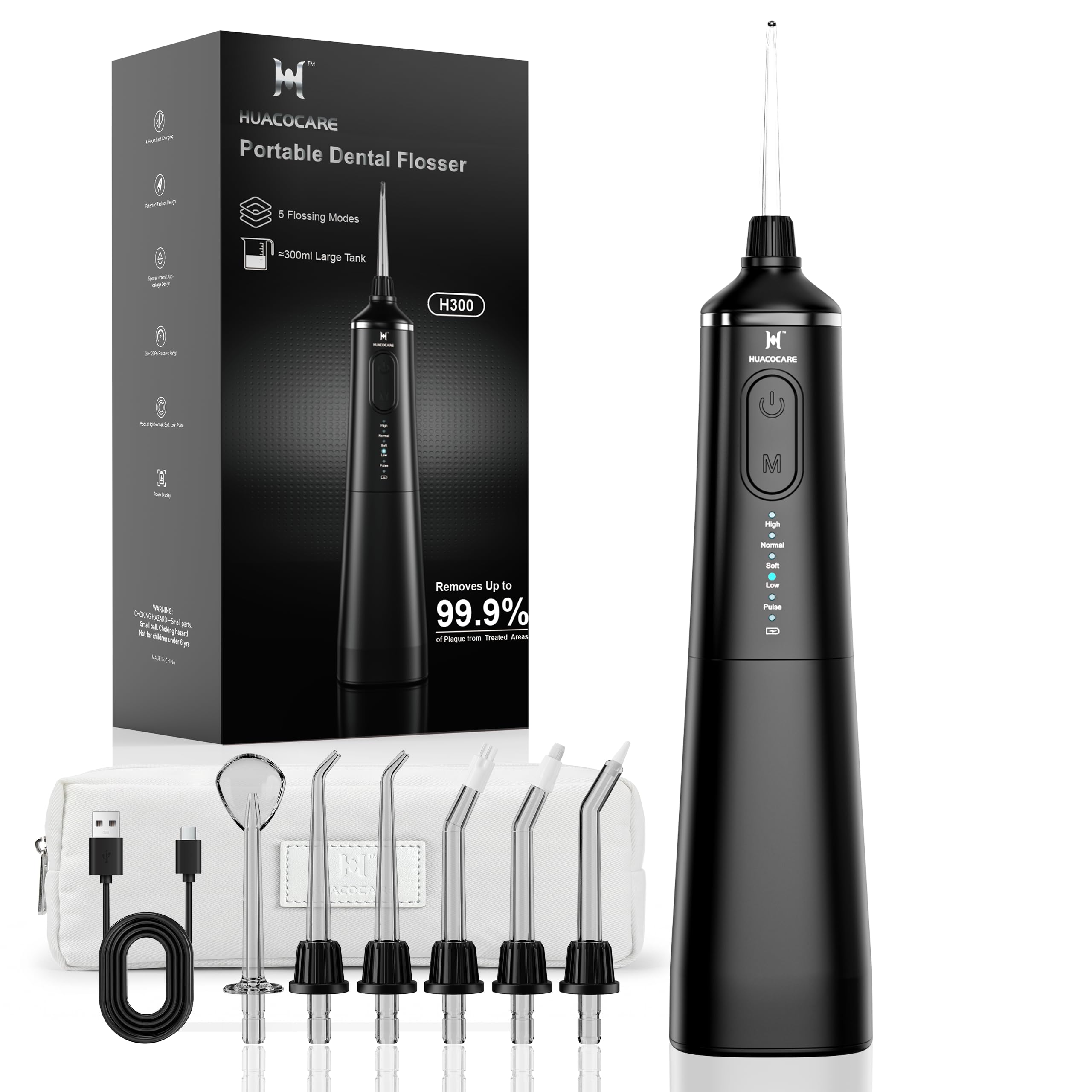 Photo 1 of HUACO CARE Upgraded Water Flosser 300ml Large Tank, 5 Modes Professional Cordless Oral Irrigator, High-Pressure Pulse Water Dental Cleaner for Home & Travel, Remove Plaque, Healthy Gums (Black)