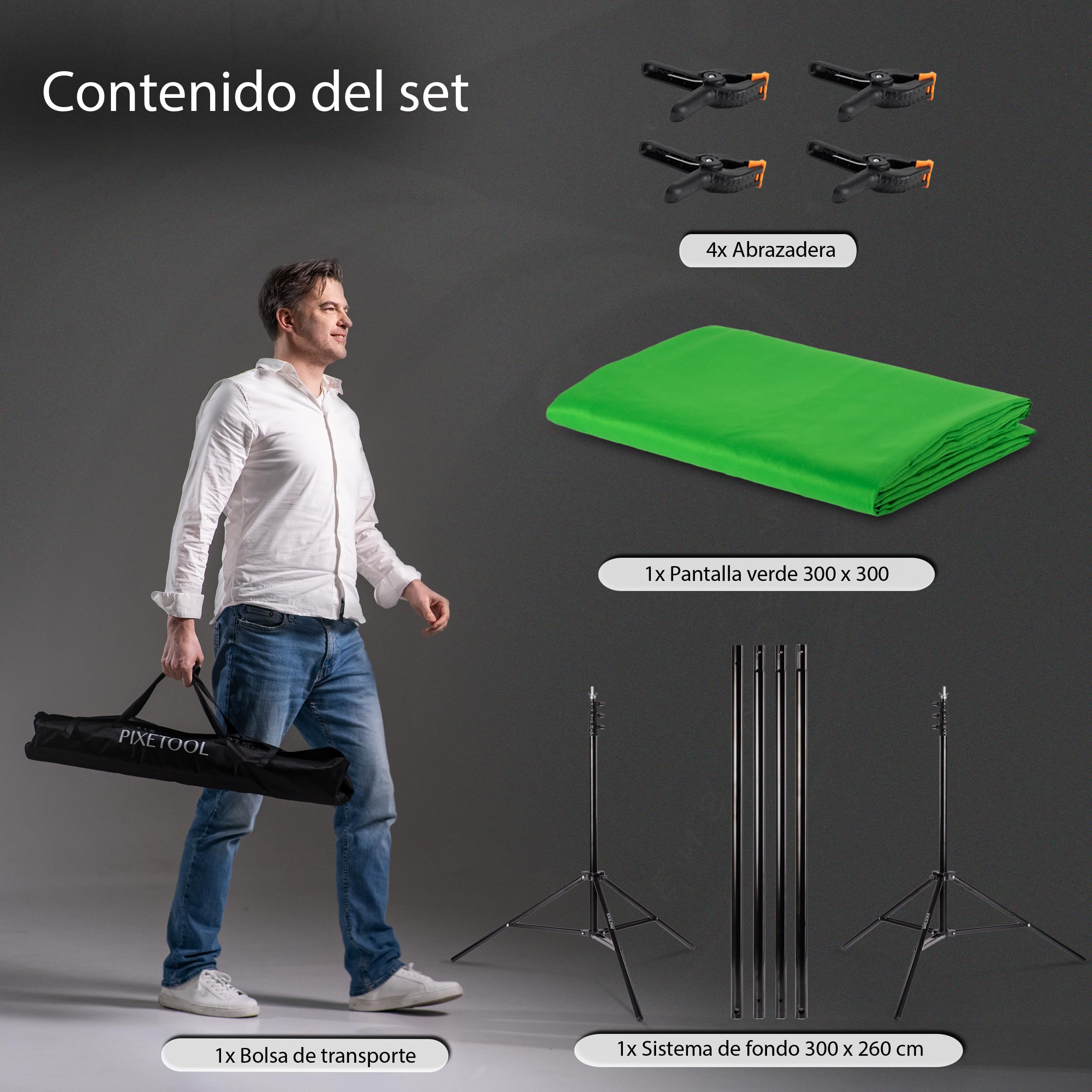 Green Screen (3m x 3m) con Soporte (3m x 2,6m) - Croma Verde | Fondo Fotografia - Estudio Fotográfico - Pantalla Verde - Greenscreen con Soporto - Accesorios Fotografia Gaming Streaming