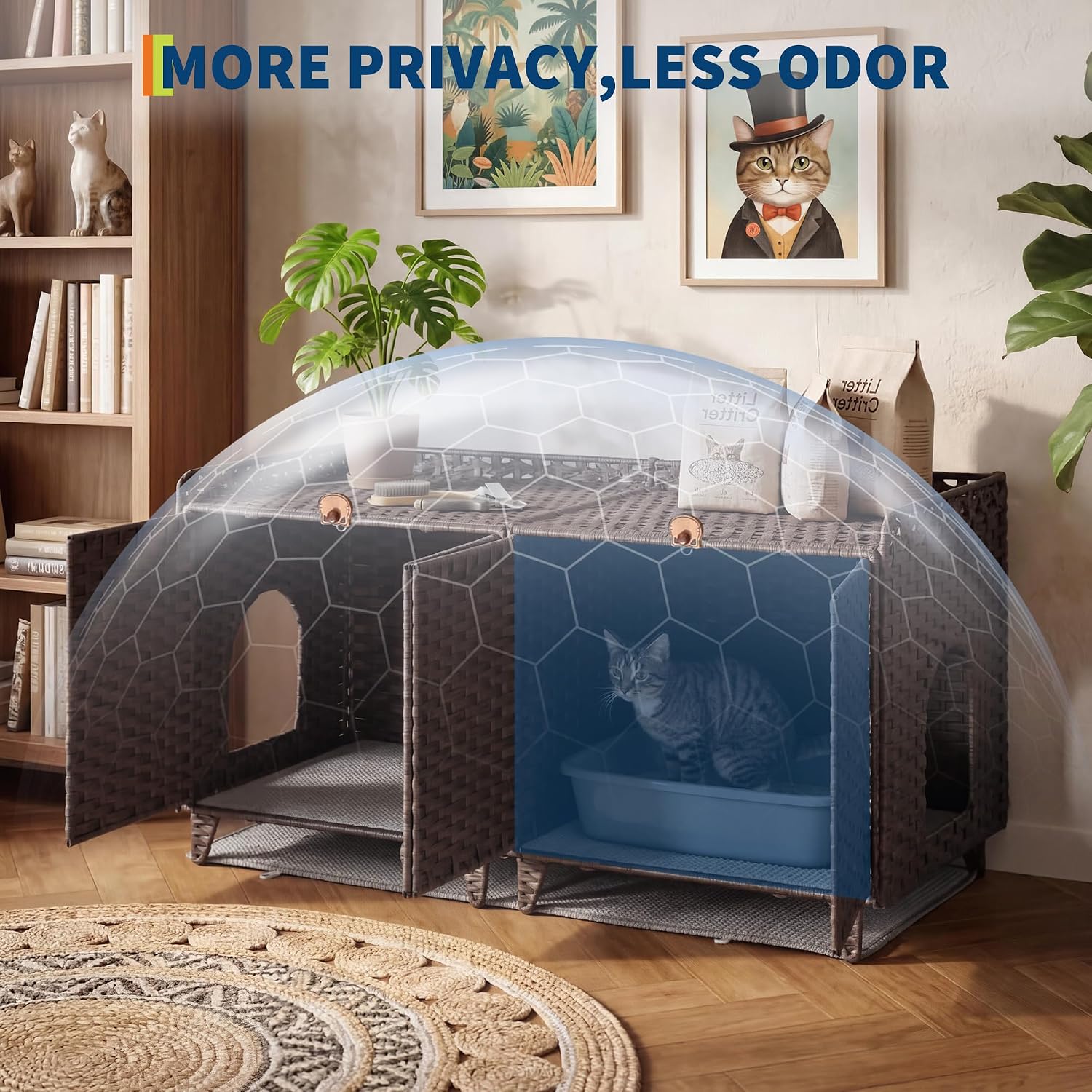 Double Litter Box Enclosure for 2 Cats - Rattan Hidden Cat Furniture with Litter Mat 2 Hooks & Doors, Large Cat House for 2 Litter Boxes, Easy Clean, 47.2" l x 19.7" w x 23.6" h Brown