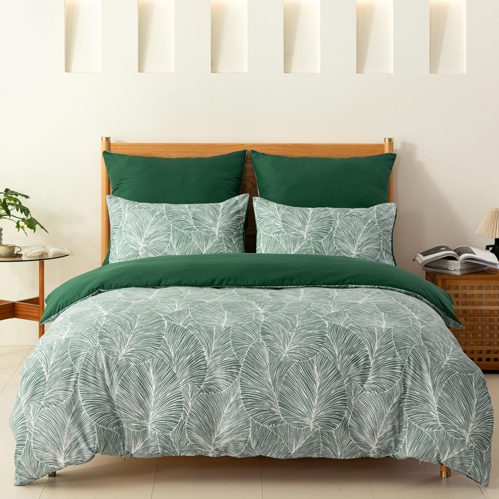 Tokokimo Set Copripiumino Matrimoniale 260x240 cm, Copripiumino Matrimoniale 3 Pezzi in Microfibra Con Motivo a Ramoscelli e Foglie, Comprendente 1 Copripiumino 260x240 + 2 Federe 50x80, Verde Scuro