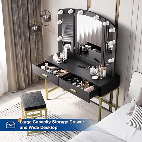 Miniatura 5 de Semiocthome Escritorio de tocador de maquillaje con espejo y luces juego de tocador blanco de 10 LED con 2 cajones y taburete