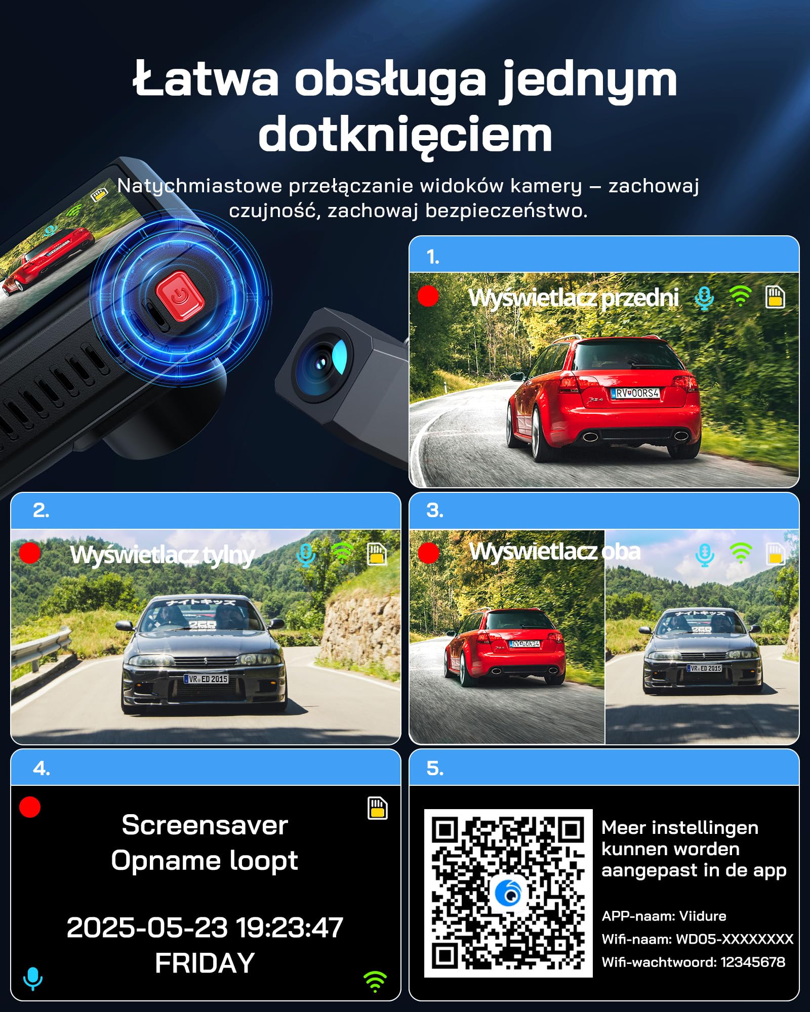 WOLFANG Kamera samochodowa 4K przednia i tylna WiFi Dashcam, podwójna kamera samochodowa z 7.0 cm IPS, super noktowizor, nagrywanie w pętli, czujnik G, szeroki kąt 170, ochrona parkowania